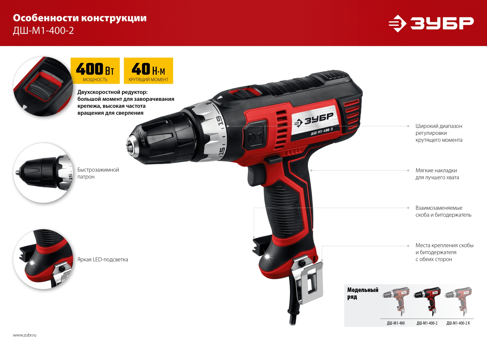 ЗУБР 400 Вт, 40 Н·м, сетевая дрель-шуруповерт (ДШ-М1-400-2) — фото 17