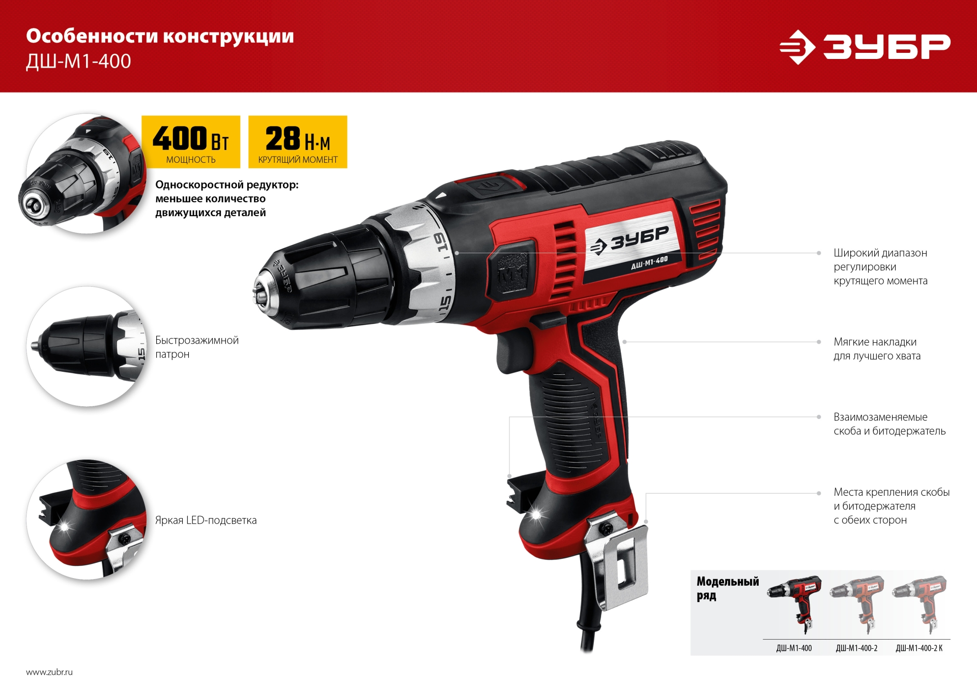 ЗУБР 400 Вт, 28 Н·м, сетевая дрель-шуруповерт (ДШ-М1-400) — фото 17