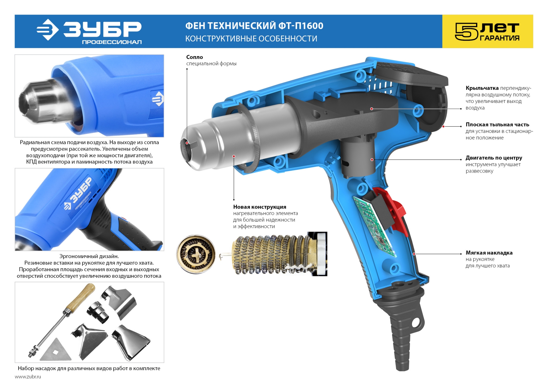 ЗУБР 1600 Вт, технический фен, Профессионал (ФТ-П1600) — фото 9