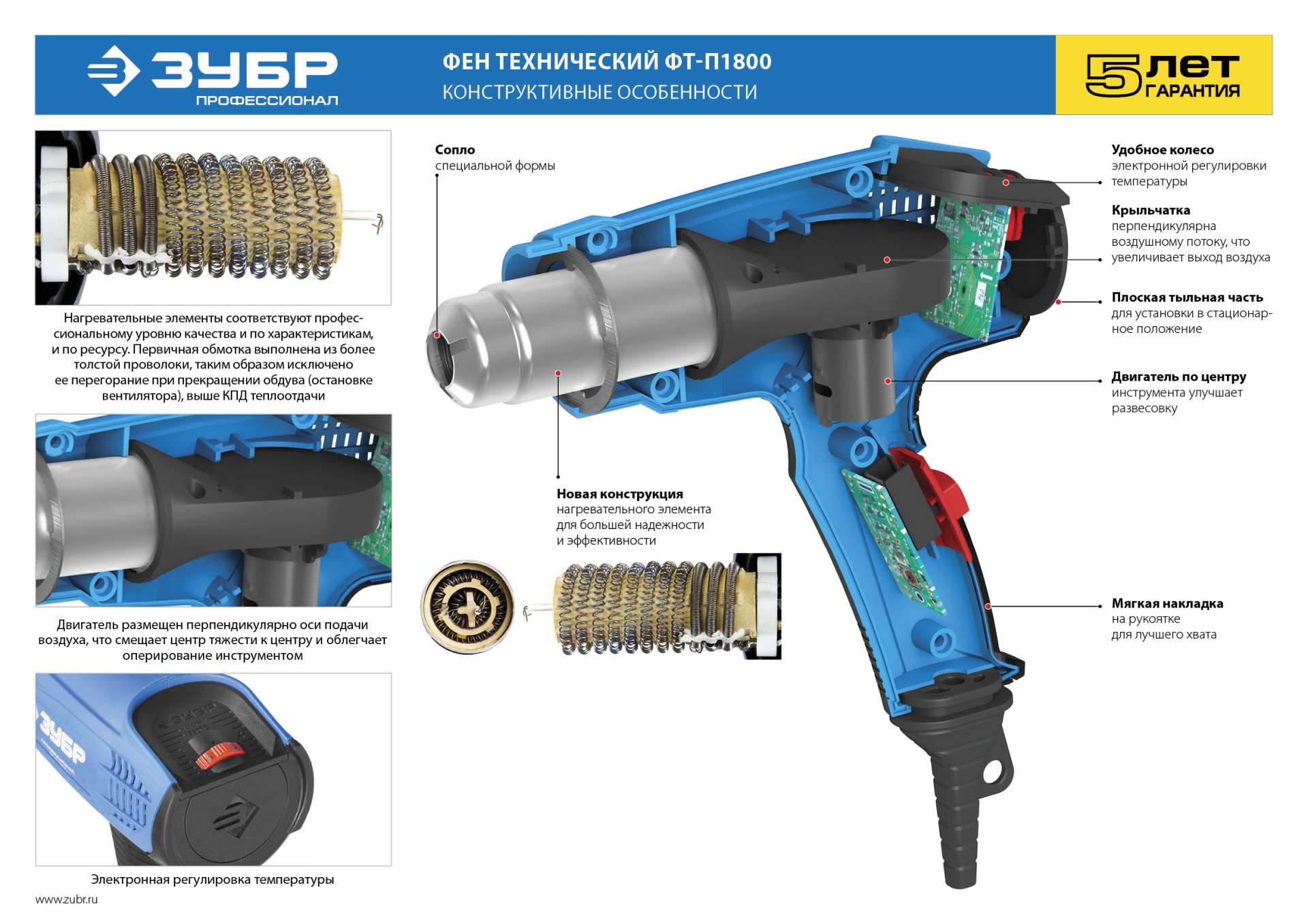 ЗУБР 1800 Вт, технический фен, кейс, Профессионал (ФТ-П1800 К) — фото 11