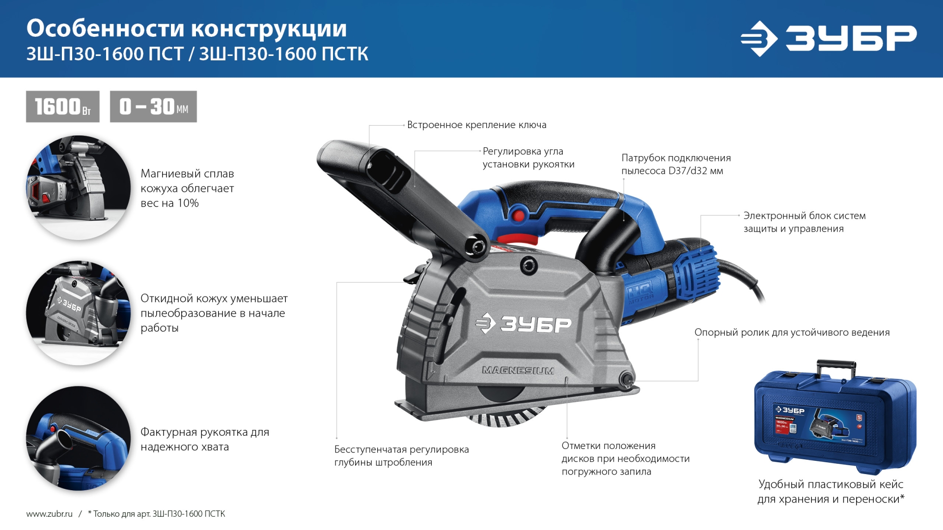 ЗУБР d 125 мм, 1600 Вт, 30 мм, штроборез (бороздодел), кейс, Профессионал (ЗШ-П30-1600 ПСТК) — фото 18