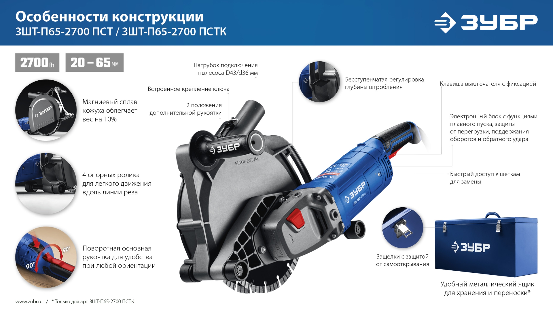 ЗУБР d 230 мм, 2700 Вт, 65 мм, штроборез (бороздодел), Профессионал (ЗШ-П65-2700 ПСТ) — фото 17