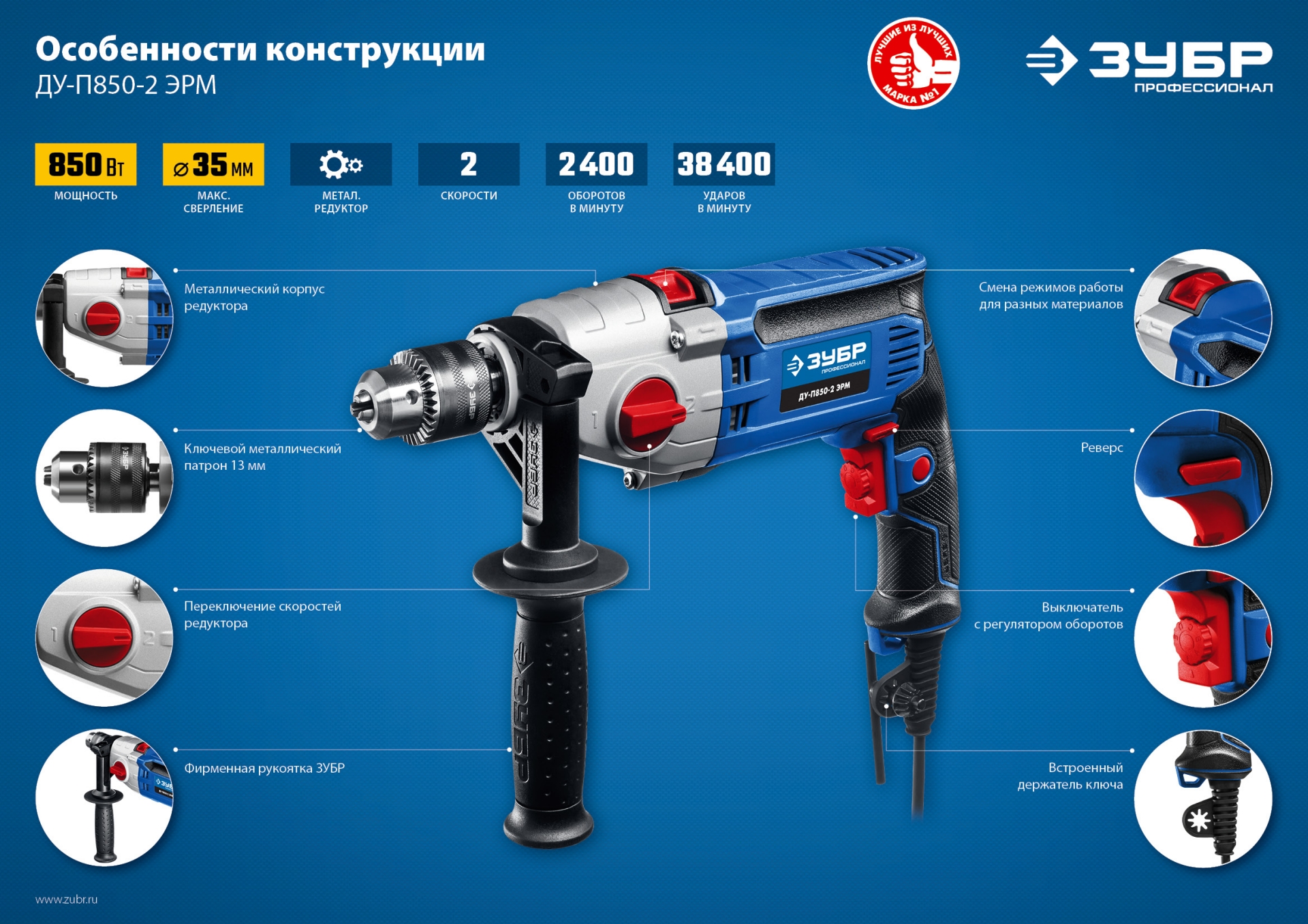 ЗУБР 850 Вт, 13 мм, 2 скорости, ударная дрель, мет. корпус, Профессионал (ДУ-П850 ЭРМ) — фото 12