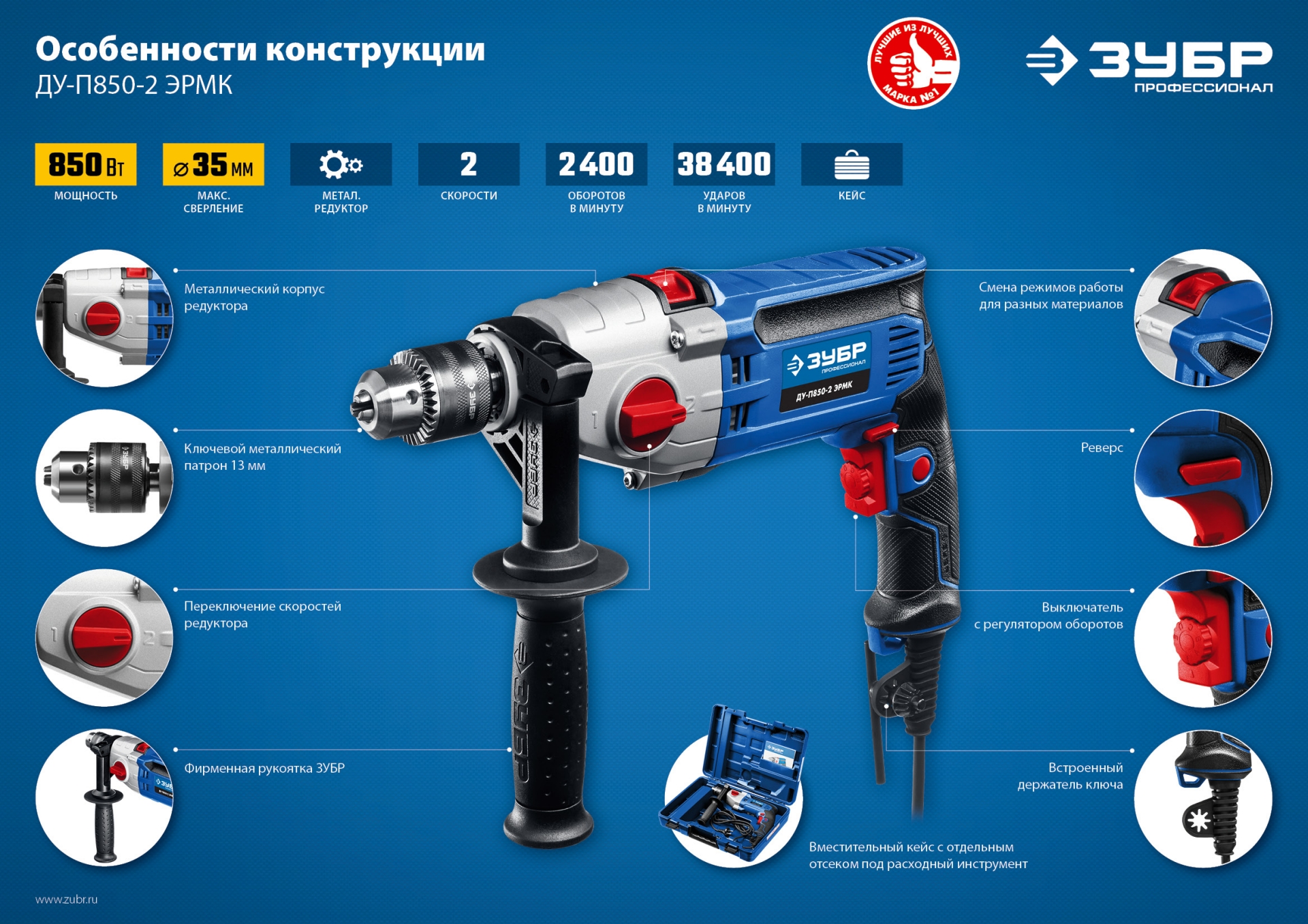 ЗУБР 850 Вт, 13 мм, 2 скорости, ударная дрель, мет. корпус, кейс, Профессионал (ДУ-П850 ЭРМ) — фото 15