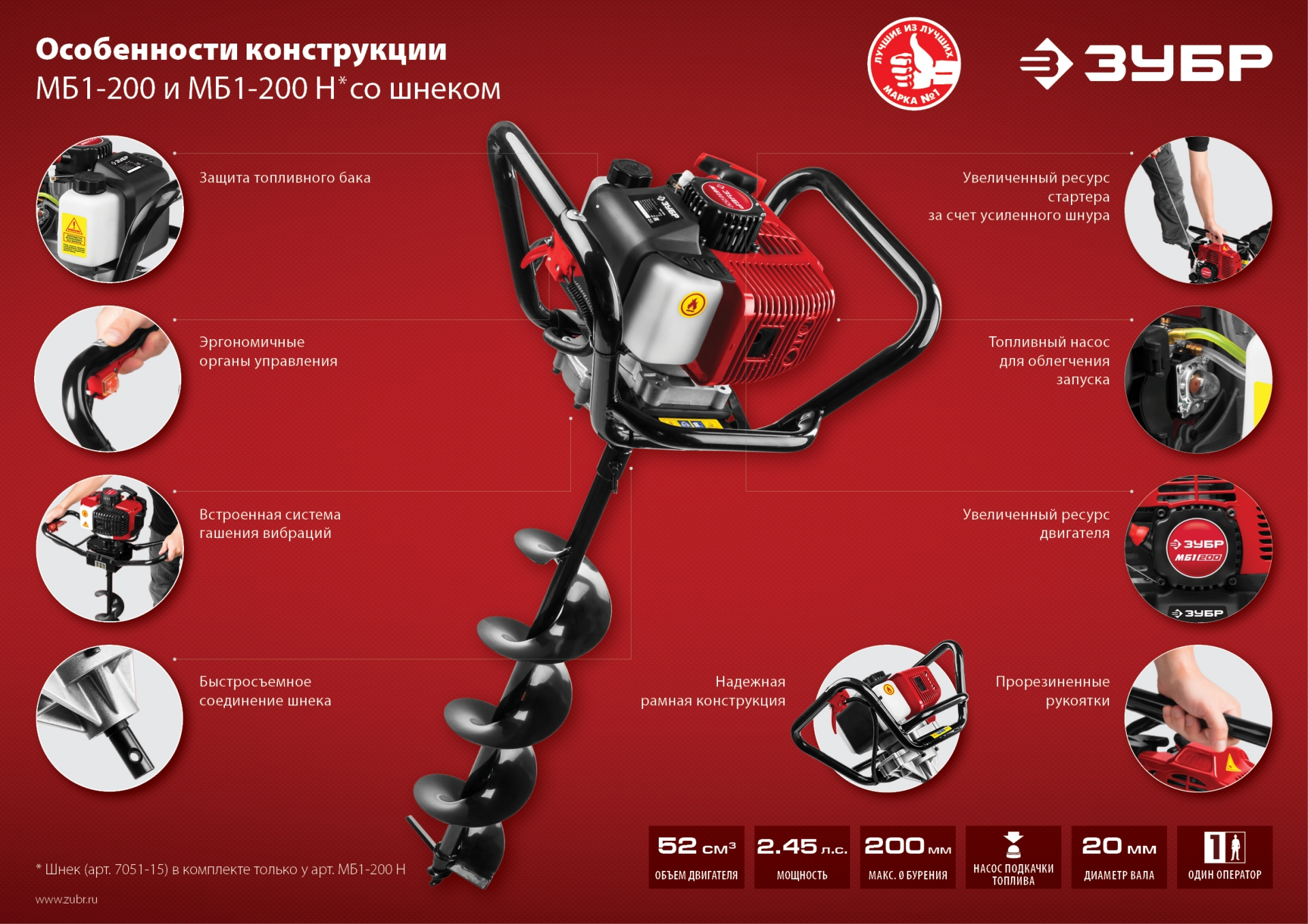 ЗУБР d 60 - 200 мм, 52 см3, 1 оператор, мотобур (бензобур) (МБ1-200) — фото 15