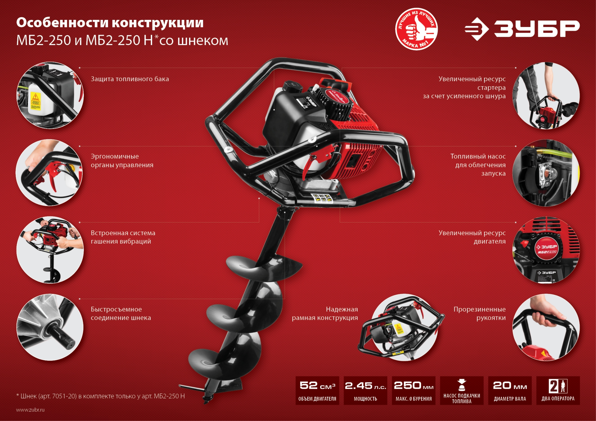 ЗУБР d 60 - 250 мм, 52 см3, 2 оператора, мотобур (бензобур) (МБ2-250) — фото 15