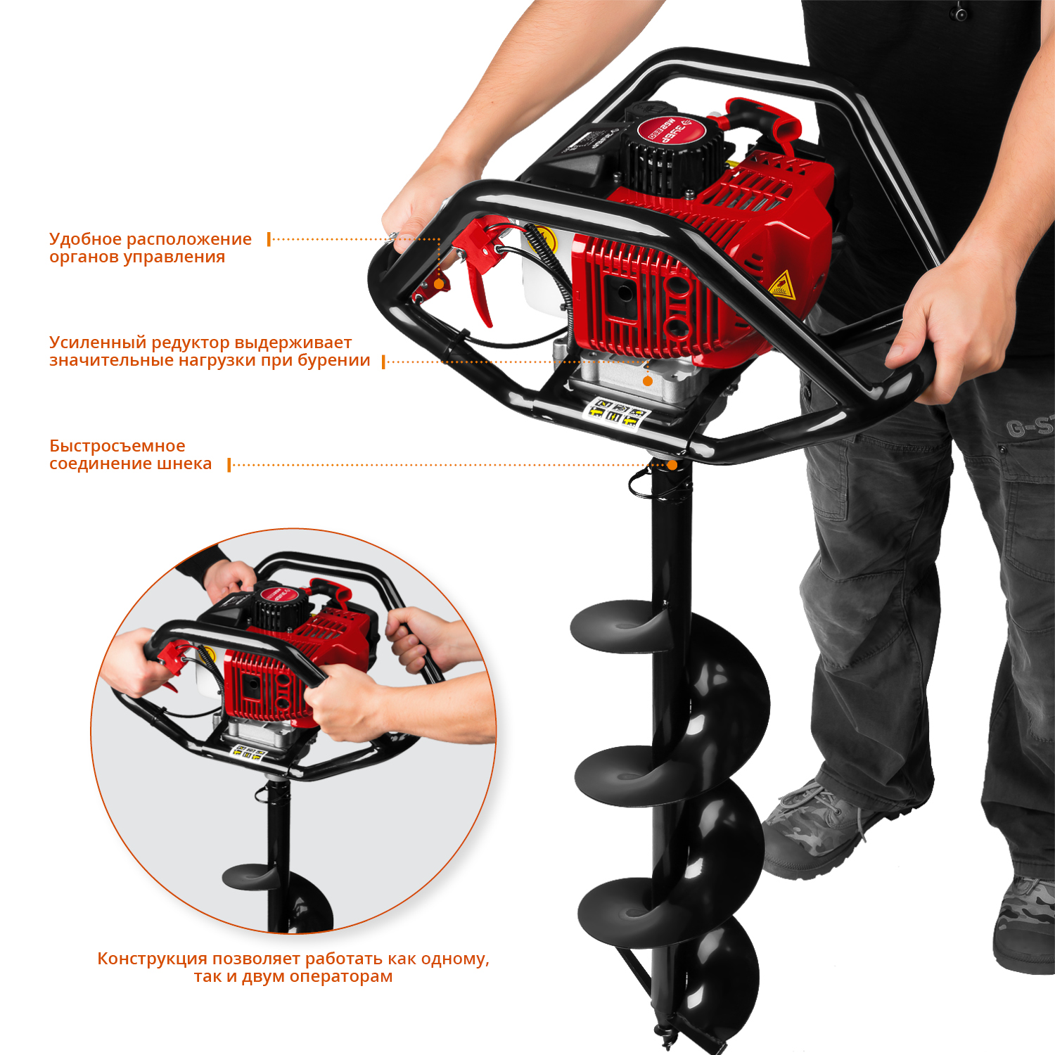 ЗУБР d 60 - 250 мм, 52 см3, 2 оператора, мотобур (бензобур) (МБ2-250) — фото 7