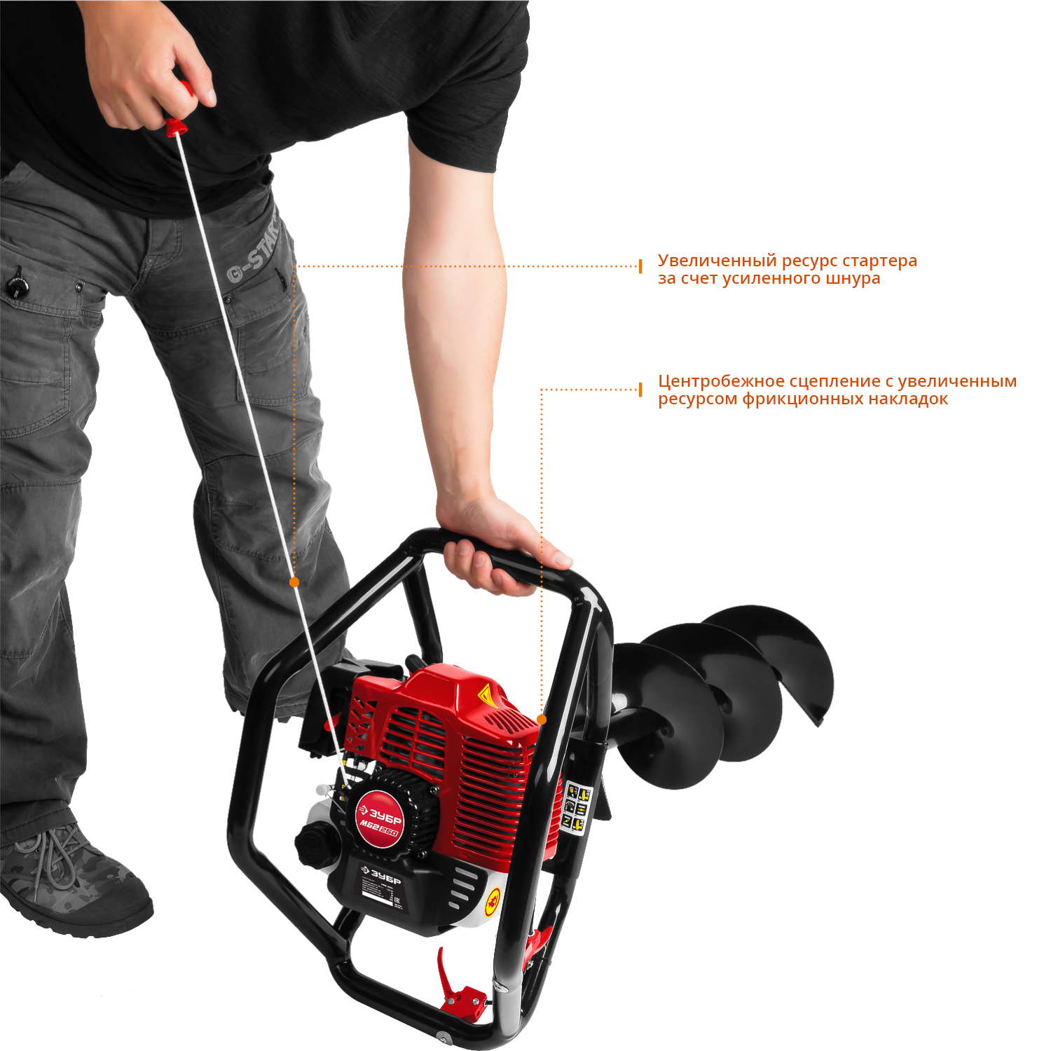 ЗУБР d 60 - 250 мм, 52 см3, 2 оператора, мотобур (бензобур) (МБ2-250) — фото 8