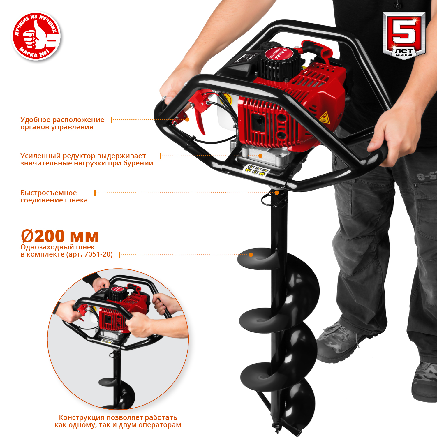 ЗУБР d 60 - 250 мм, 52 см3, 2 оператор, шнек в комплекте, мотобур (бензобур) (МБ2-250 Н) — фото 7