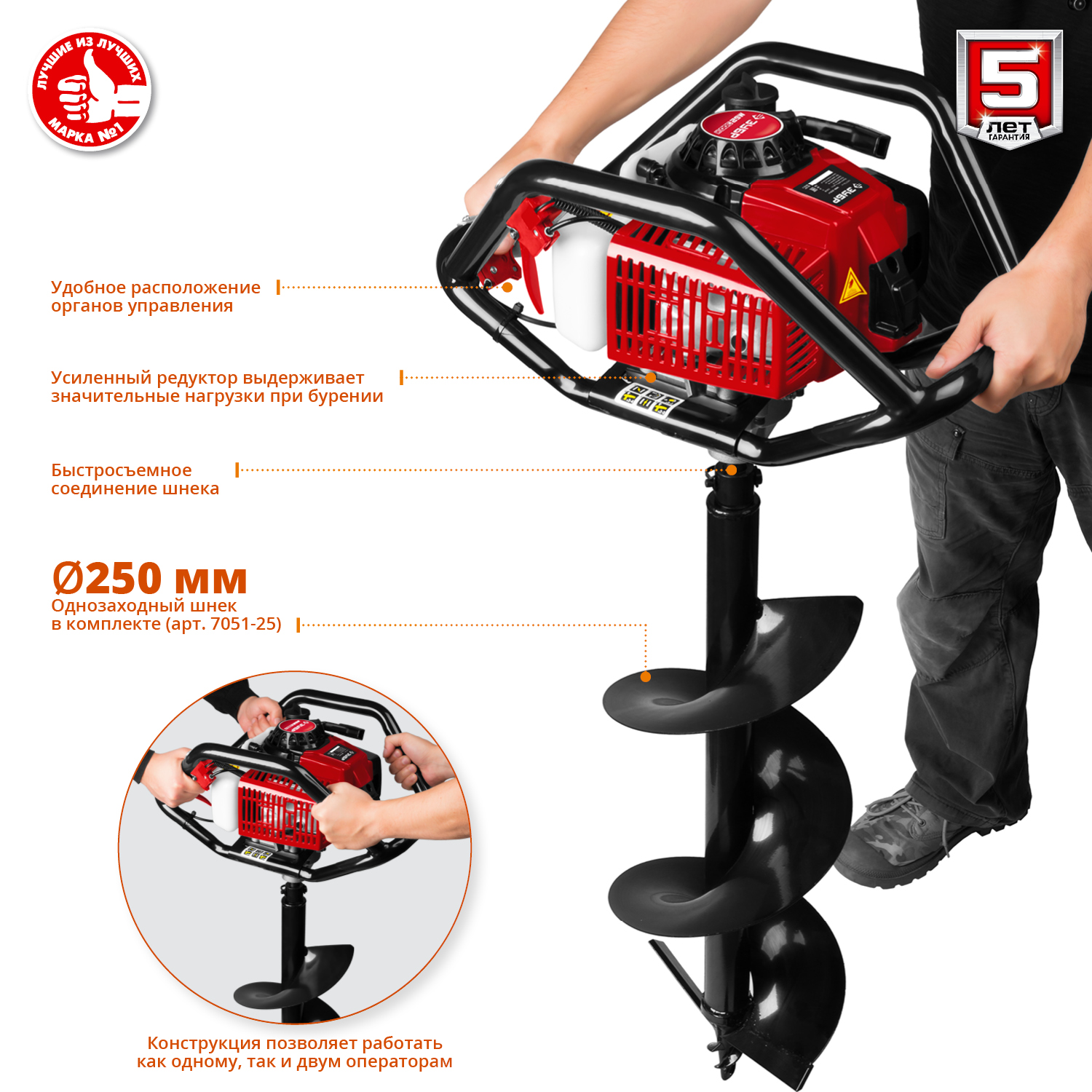ЗУБР d 60 - 300 мм, 71 см3, 2 оператор, шнек в комплекте, мотобур (бензобур) (МБ2-300 Н) — фото 7
