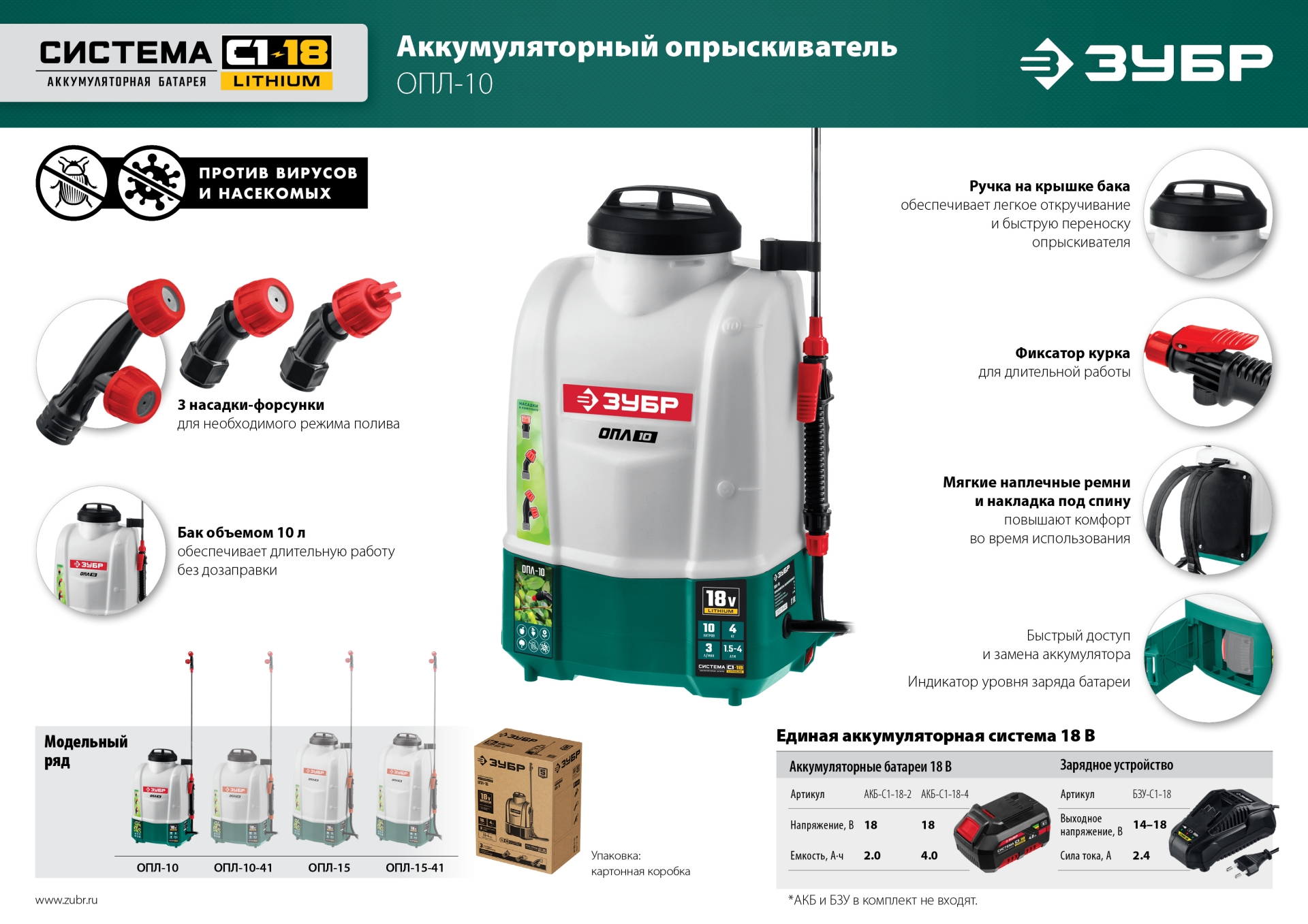 ЗУБР 10 л, 1 АКБ 4 А·ч, аккумуляторный опрыскиватель (ОПЛ-10-41) — фото 15