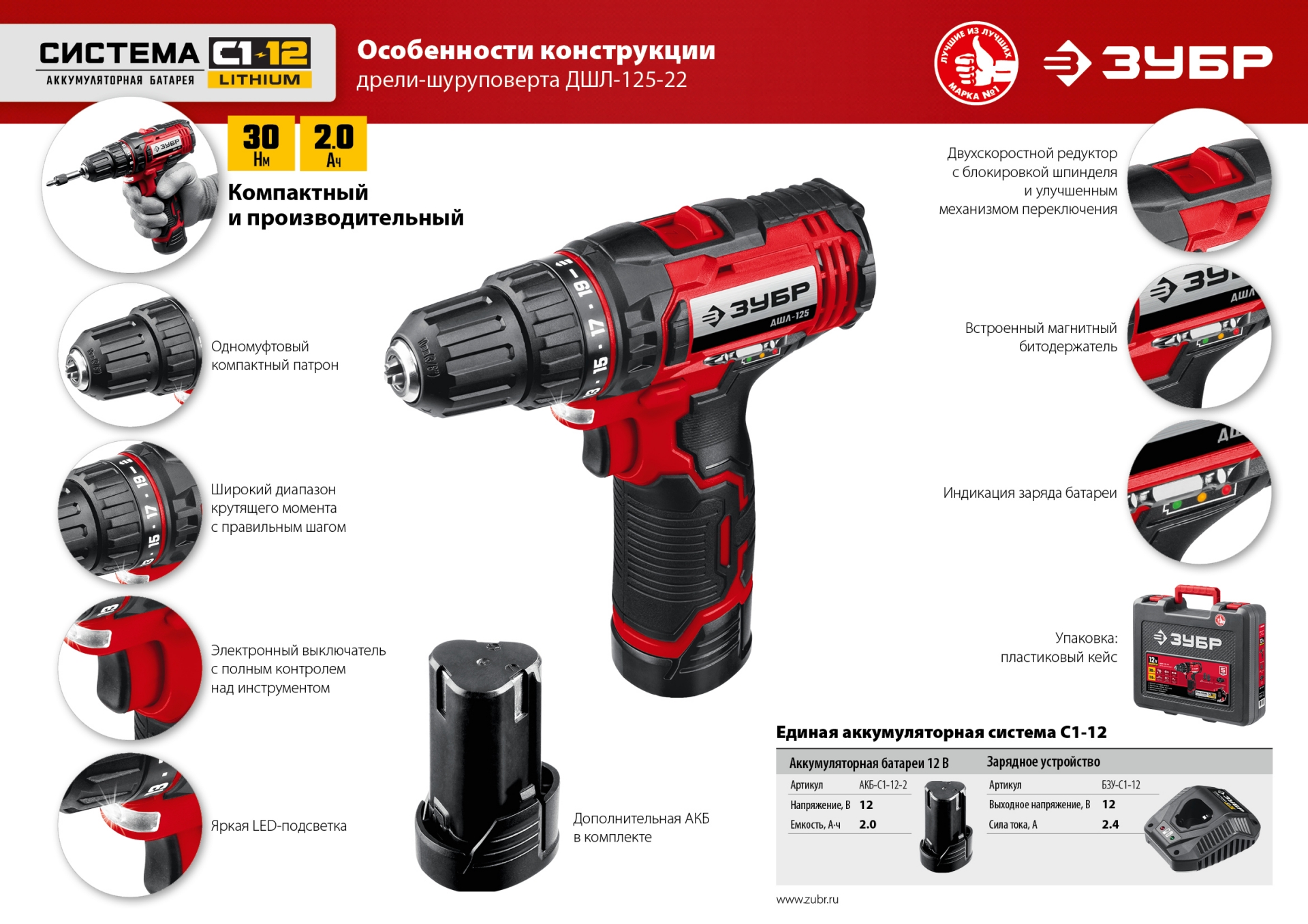ЗУБР С1-12, 12 В, 30 Н·м, 2 АКБ (2 А·ч), дрель-шуруповерт, кейс (ДШЛ-125-22) — фото 23