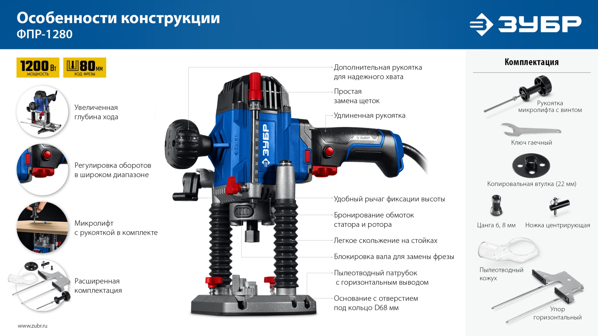 ЗУБР 1200 Вт, 80 мм, универсальный фрезер, Профессионал (ФПР-1280) — фото 13