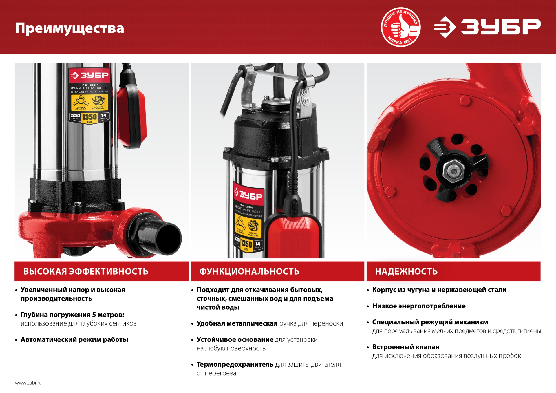 ЗУБР 1350 Вт, фекальный насос с режущим механизмом (НПФ-1350-Р) — фото 18
