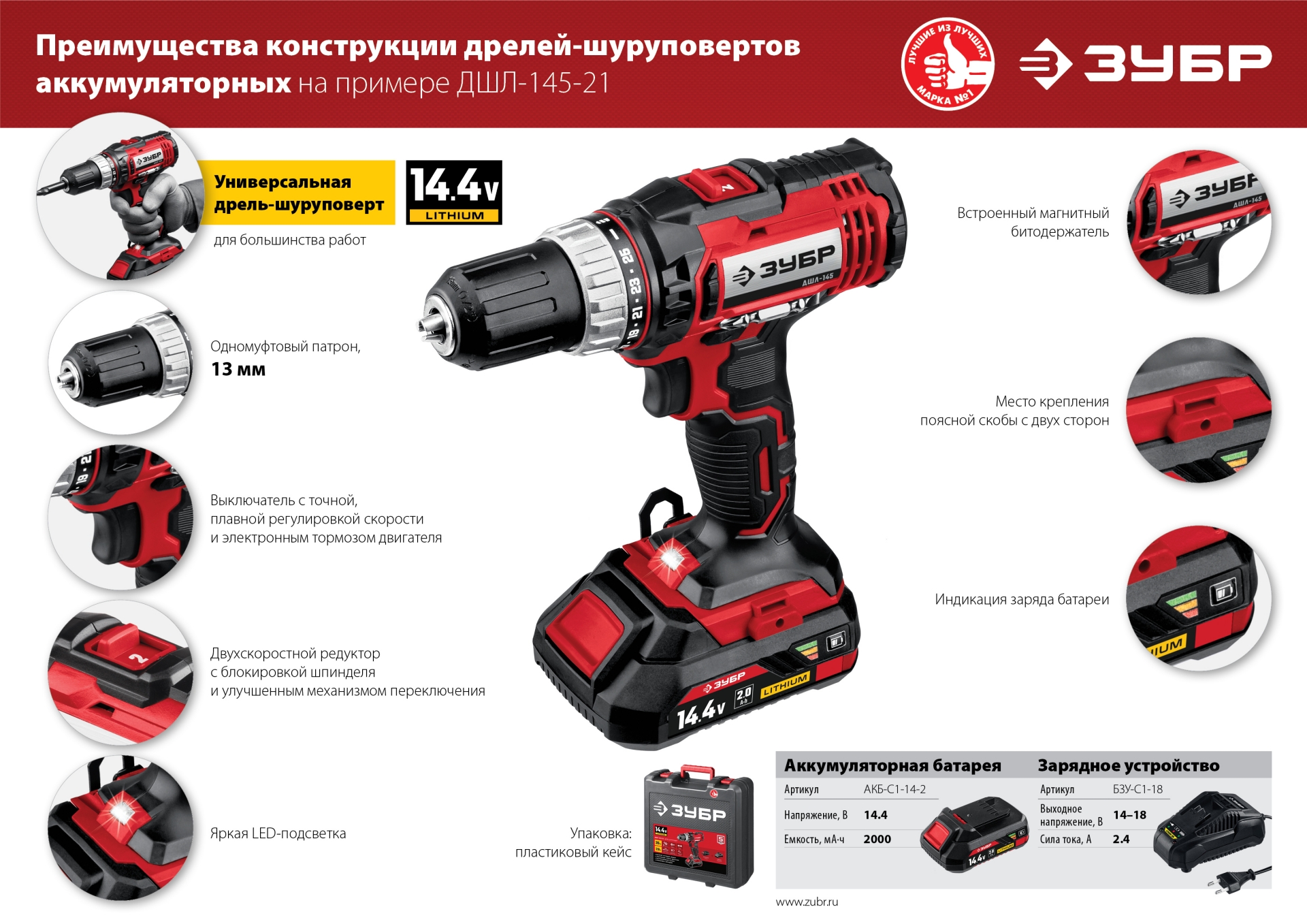 ЗУБР С1, 14.4 В, 35 Н·м, 2 АКБ (2 А·ч), дрель-шуруповерт, кейс (ДШЛ-145-22) — фото 21