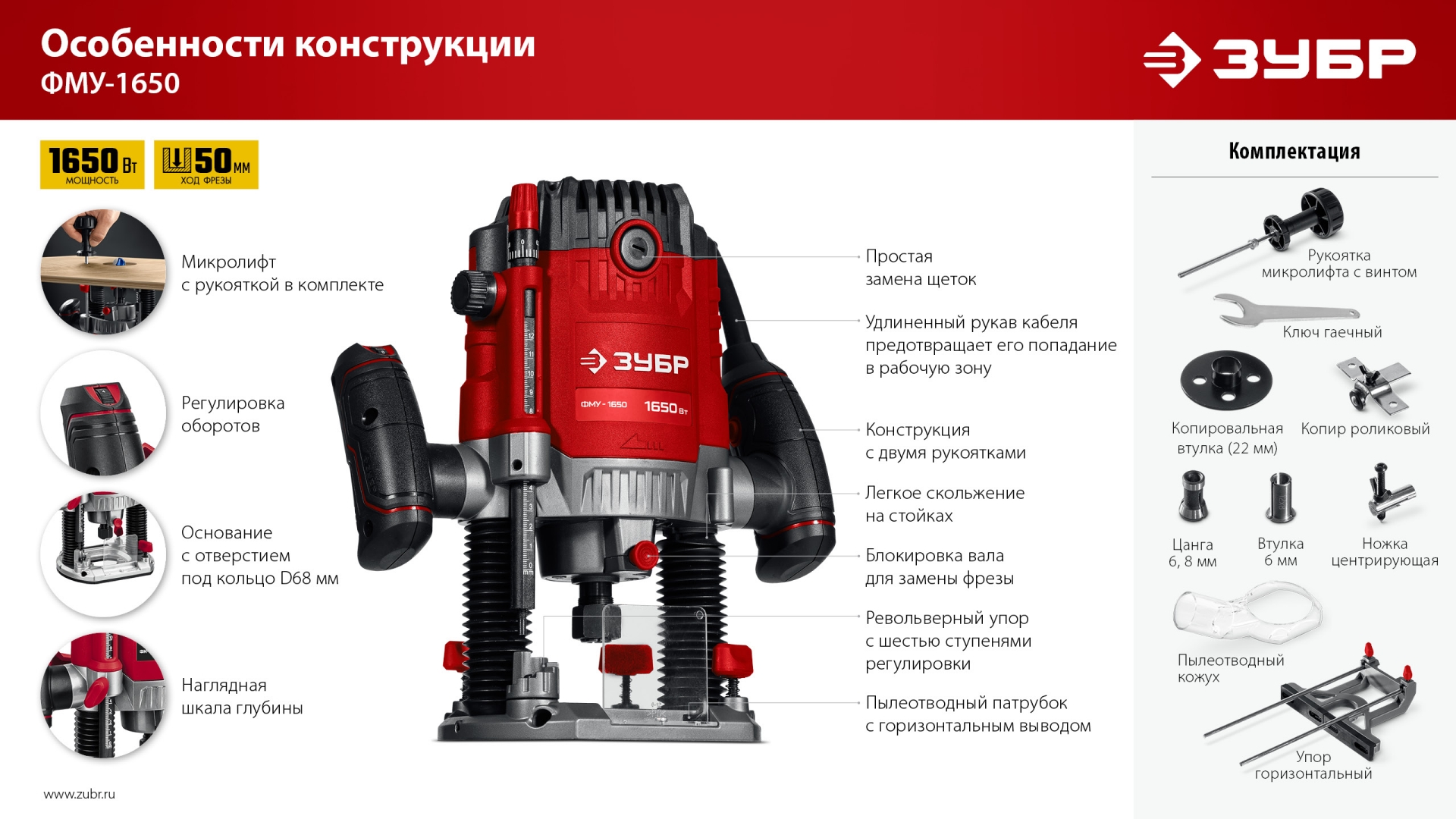 ЗУБР 1650 Вт, 50 мм, универсальный фрезер (ФМУ-1650) — фото 12