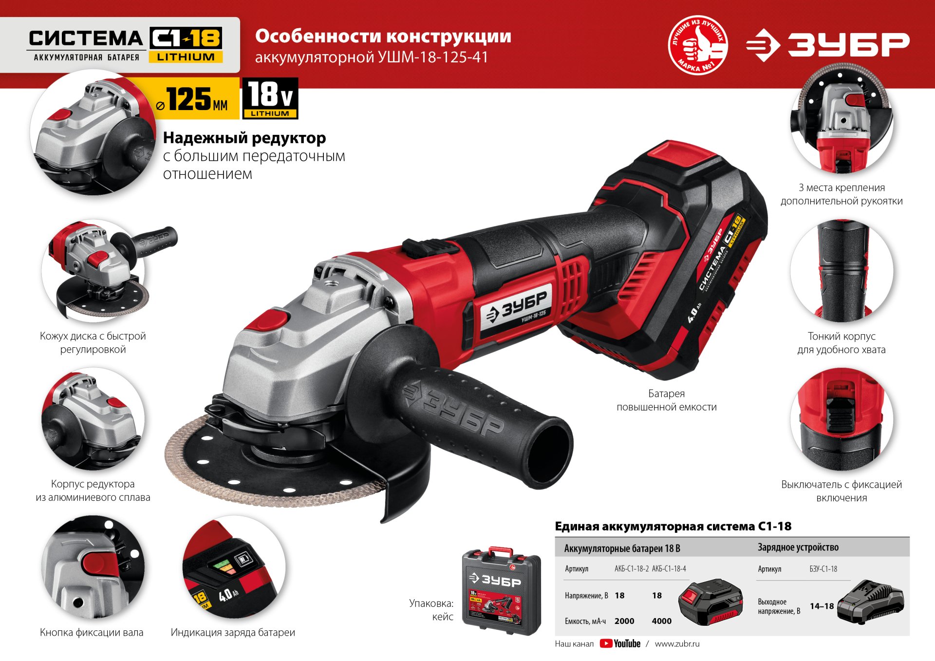 ЗУБР С1-18, 18 В, 125 мм, 1 АКБ (4 А·ч), УШМ, кейс (УШМ-18-125-41) — фото 22