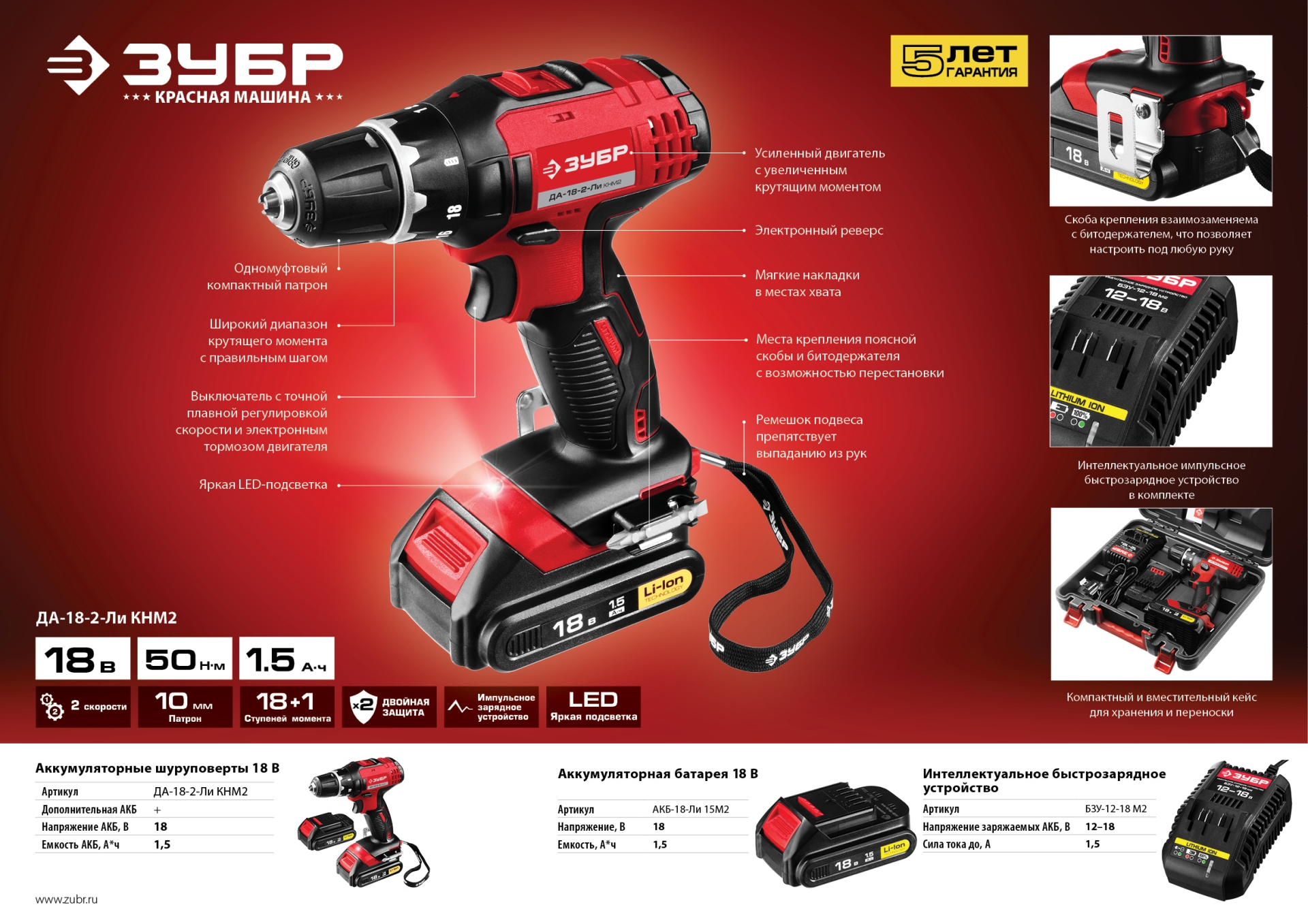 ЗУБР М2, 18 В, 1.5 А·ч, аккумуляторная батарея (АКБ-18-Ли 15М2) — фото 5