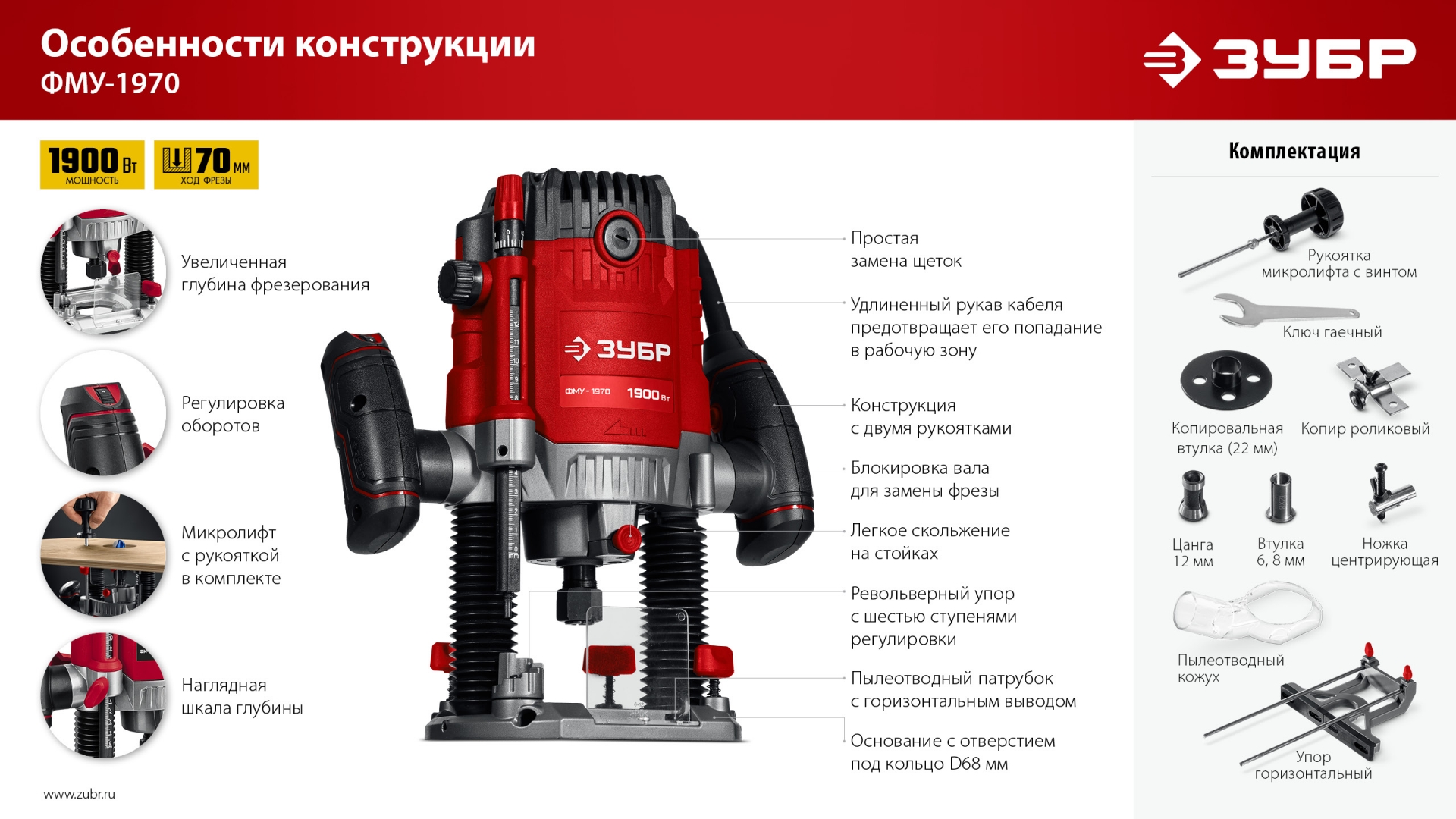 ЗУБР 1900 Вт, 70 мм, универсальный фрезер (ФМУ-1970) — фото 12