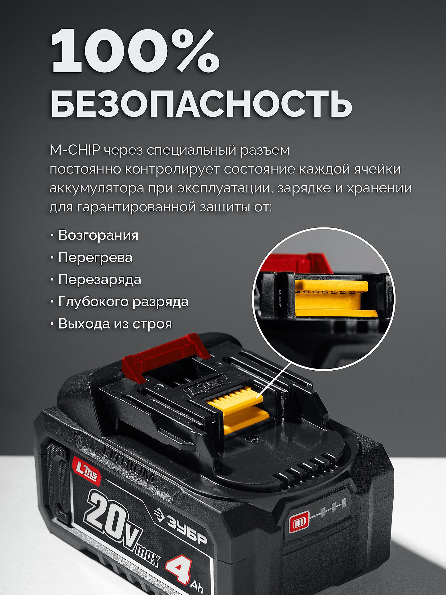 ЗУБР 20 В, 4.0 А·ч, аккумулятор LMS (АКБ-20-4) — фото 4