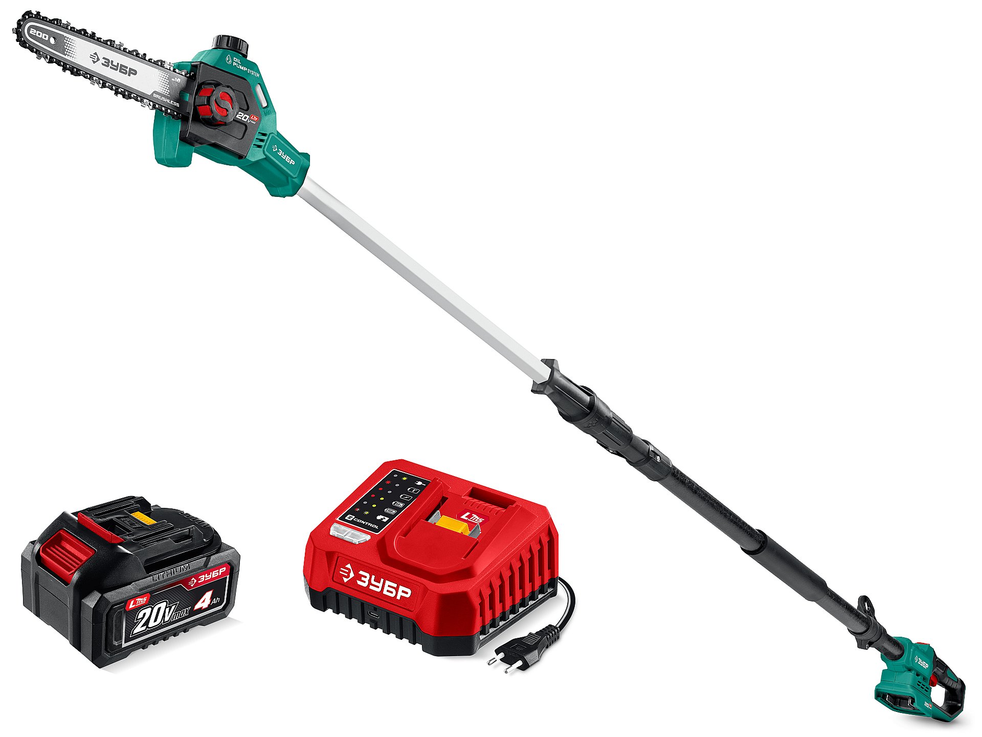 ЗУБР 20 В, 200 мм шина, 1 АКБ LMS (4 Ач), высоторез аккумуляторный (ВРБ-2020)