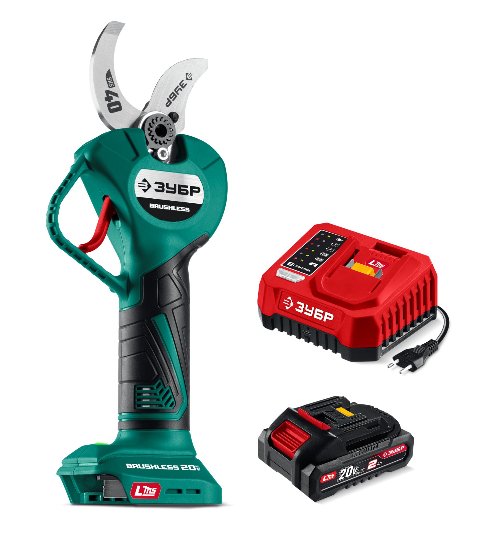 ЗУБР 20 В, 40 мм макс. рез, 1 АКБ LMS (2 Ач), секатор аккумуляторный (СКБ-2040-21)