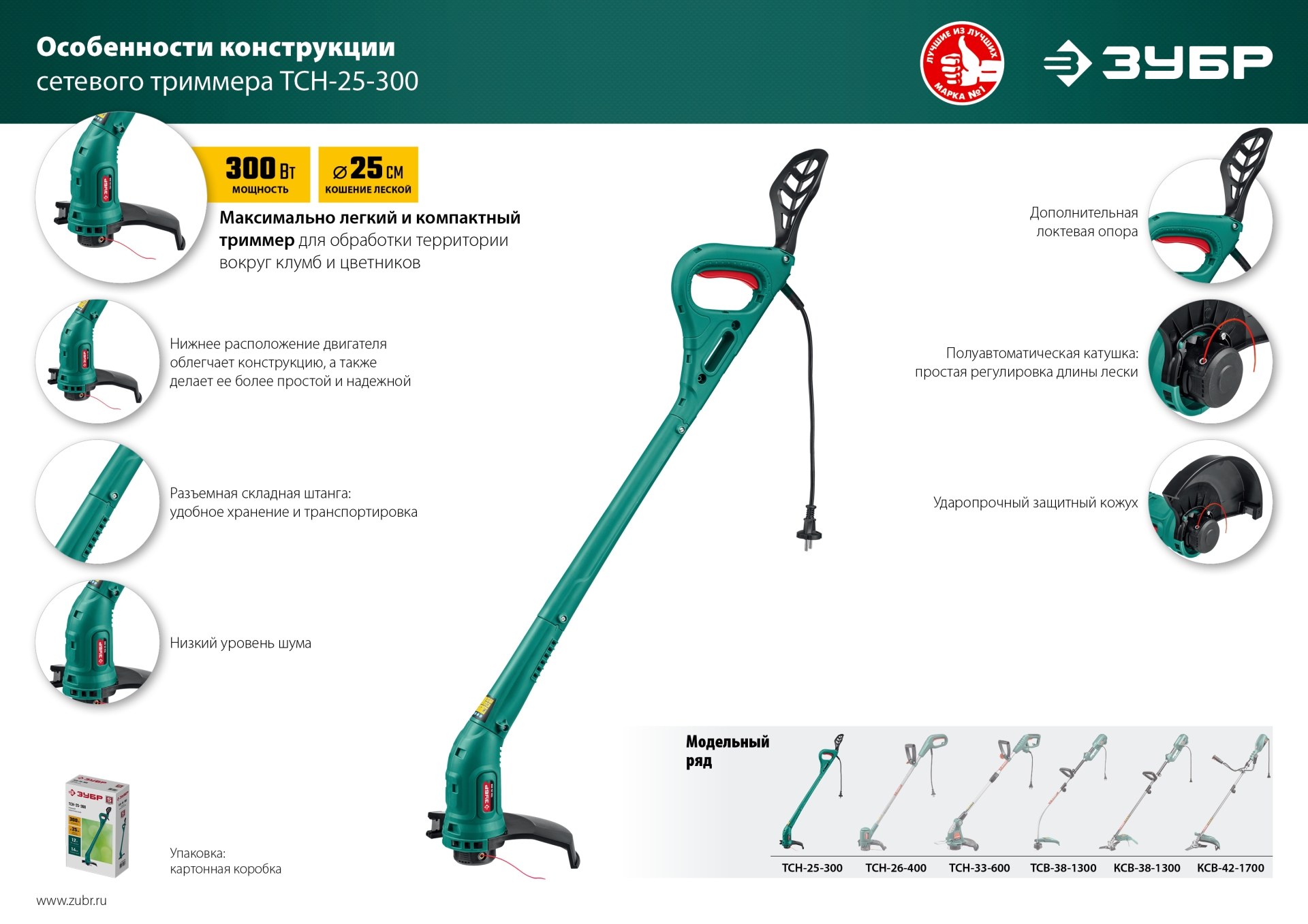 ЗУБР 300 Вт, ш/с 25 см, сетевой триммер (ТСН-25-300) — фото 12