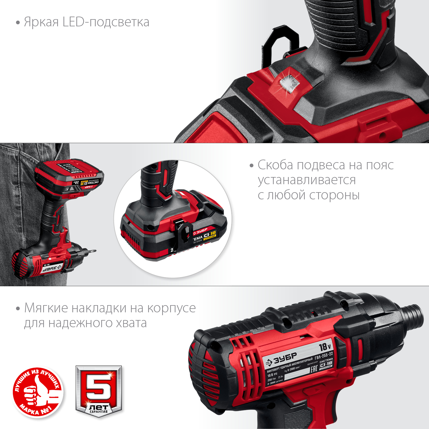 ЗУБР С1-18, 18 В, 250 Н·м, 2 АКБ (2 А·ч), винтоверт ударный, кейс (ГВЛ-255-22) — фото 8