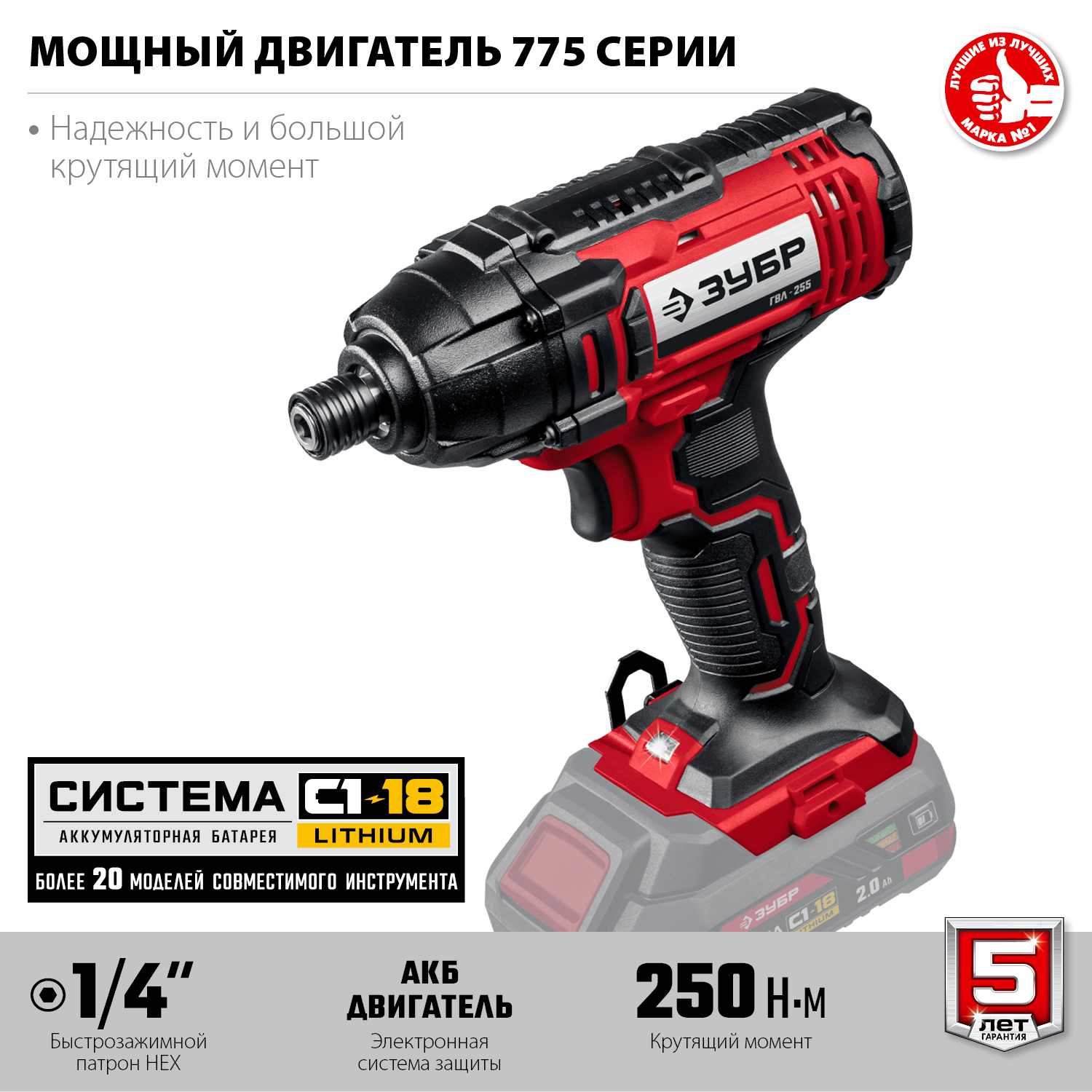 ЗУБР С1-18, 18 В, 250 Н·м, без АКБ, винтоверт ударный (ГВЛ-255) — фото 4