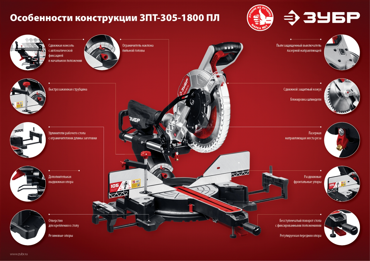 ЗУБР ЗПТ-305-1800 ПЛ пила торцовочная с протяжкой, d 305 х 30 мм, 1800 Вт — фото 20
