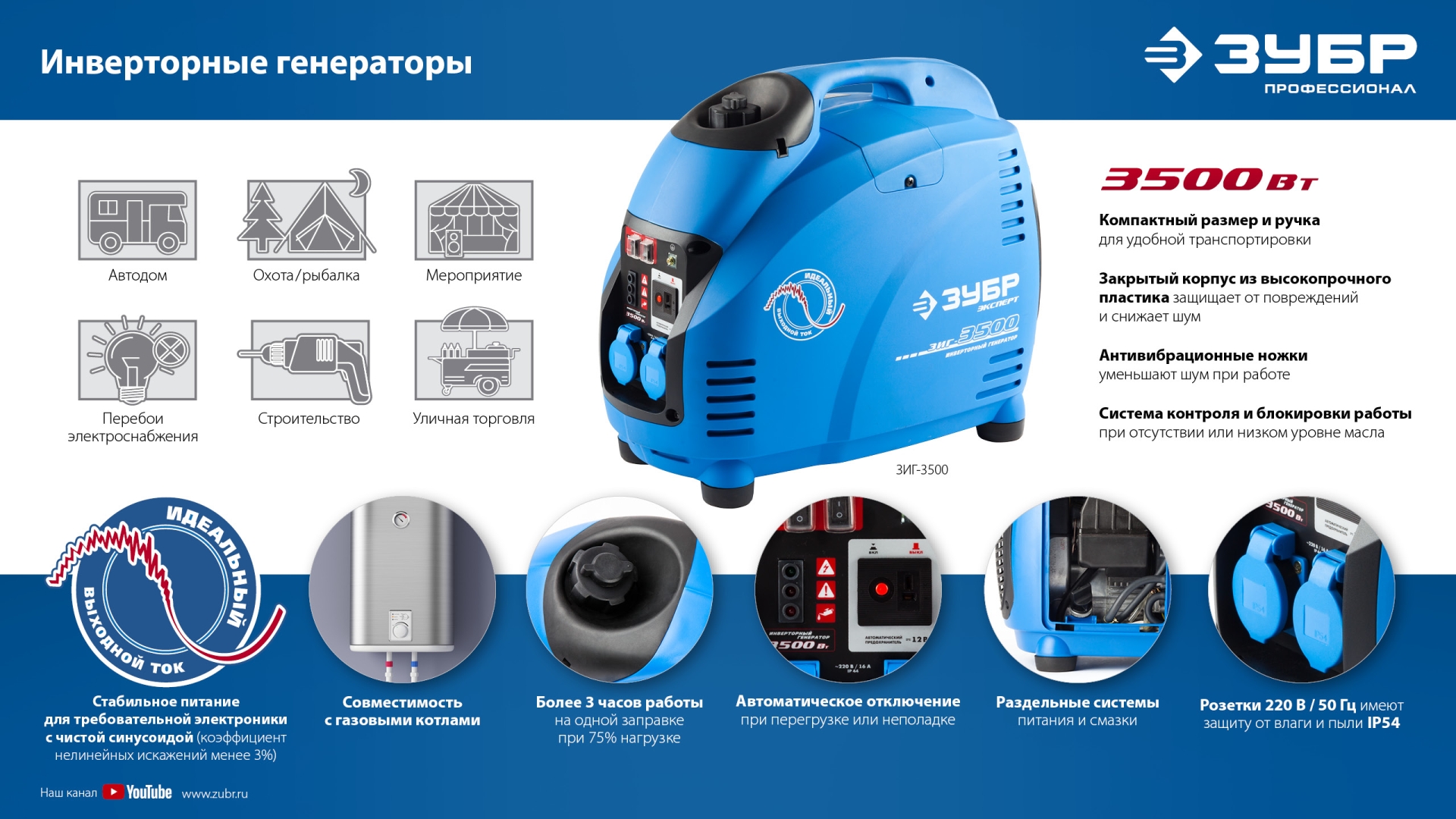 ЗУБР 3500 Вт, инверторный генератор, Профессионал (ЗИГ-3500) — фото 18
