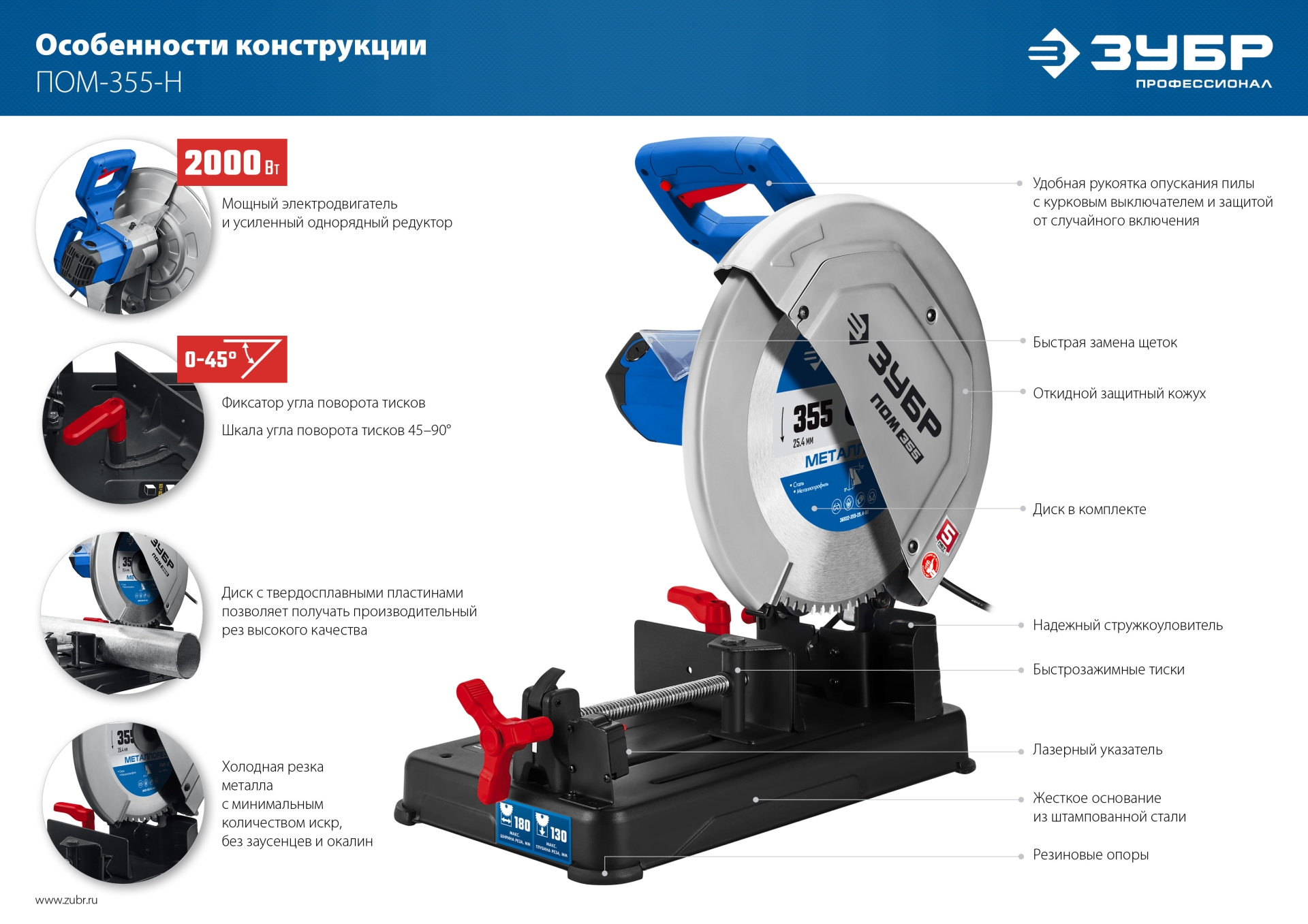 ЗУБР 355 мм, 2000 Вт, пила отрезная (монтажная) по металлу с пильным диском, холодная резка, Профессионал (ПОМ-355-Н) — фото 14