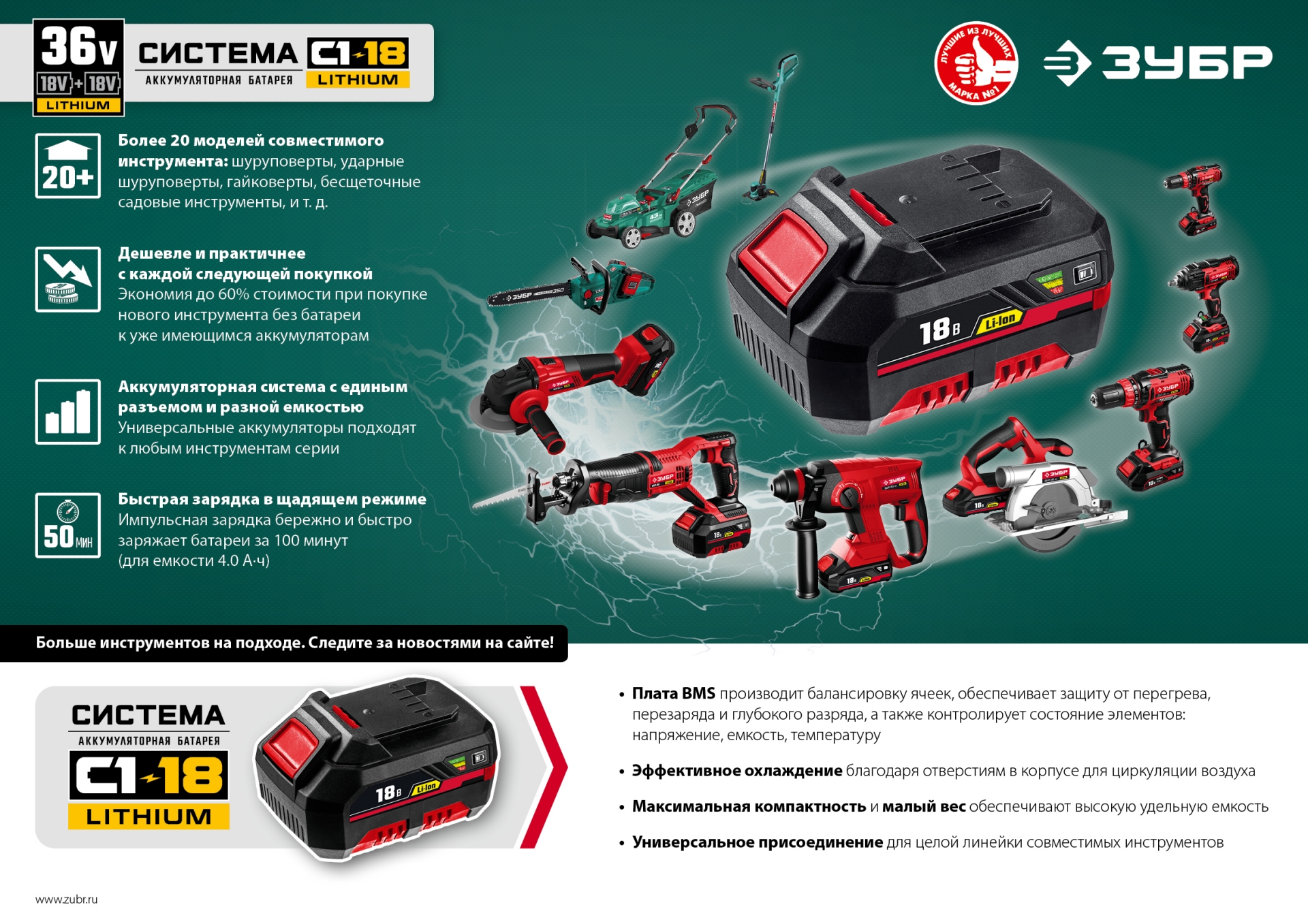 ЗУБР С1-18, 36 В, 35 см шина, без АКБ, бесщеточная цепная пила (ПЦЛ-3635) — фото 18
