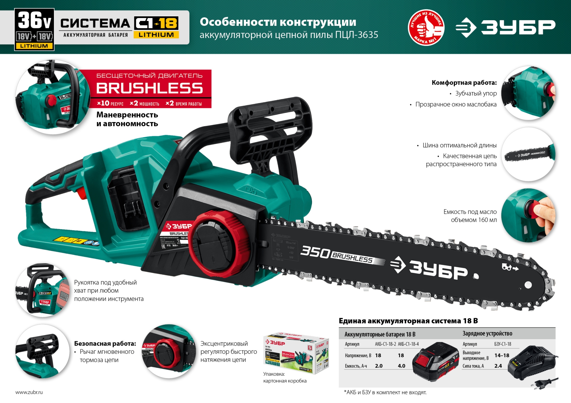 ЗУБР С1-18, 36 В, 35 см шина, без АКБ, бесщеточная цепная пила (ПЦЛ-3635) — фото 20