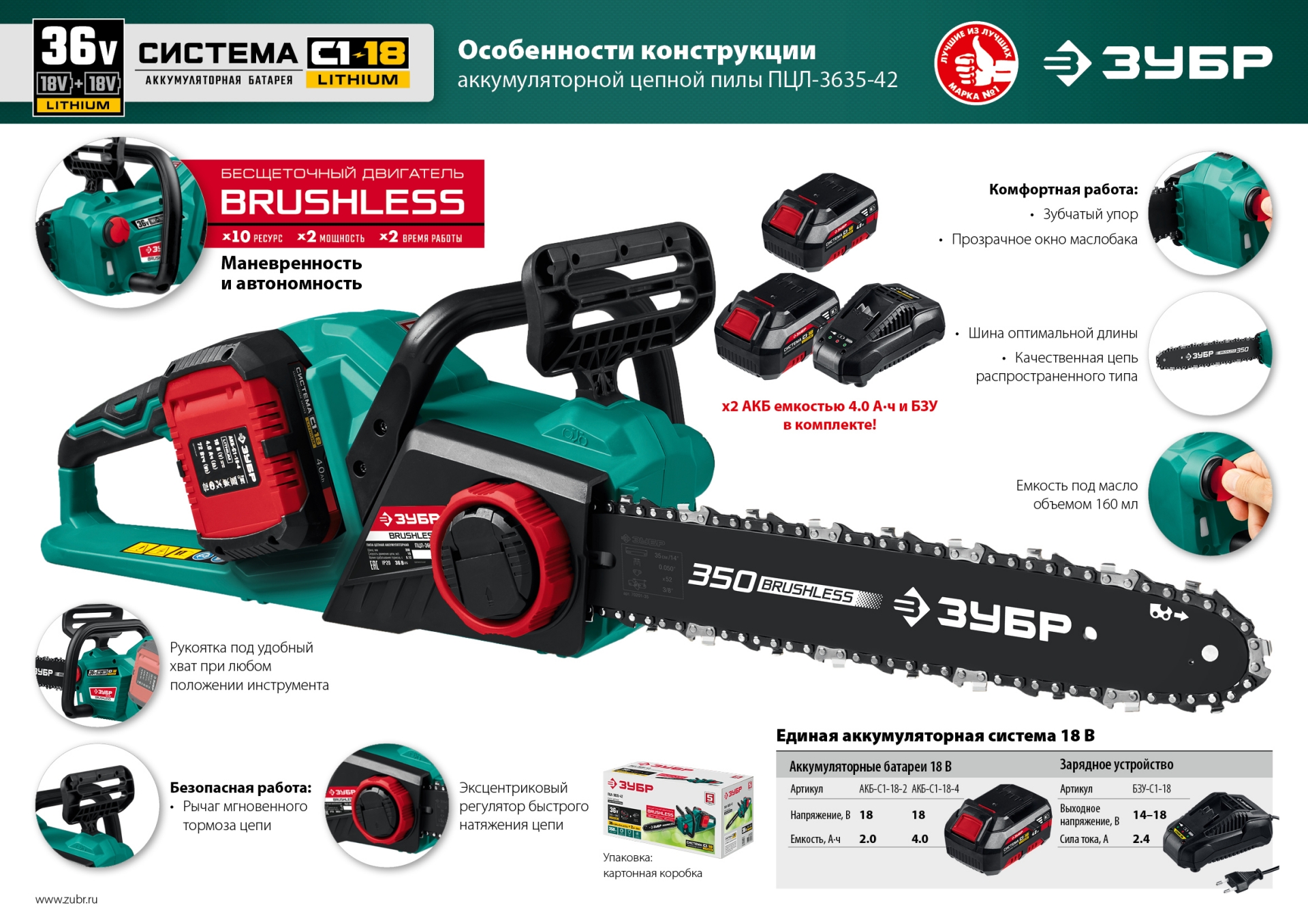 ЗУБР С1-18, 36 В, 35 см шина, без АКБ, бесщеточная цепная пила (ПЦЛ-3635) — фото 21