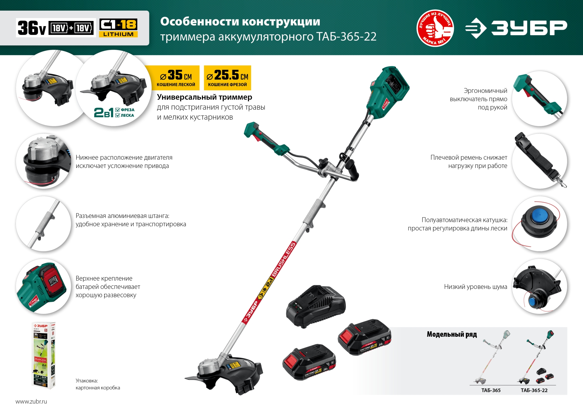 ЗУБР С1-18, 36 В, 35/25.5 см, 2х18 В АКБ (2 А·ч), бесщеточный триммер (ТАБ-365-22) — фото 18