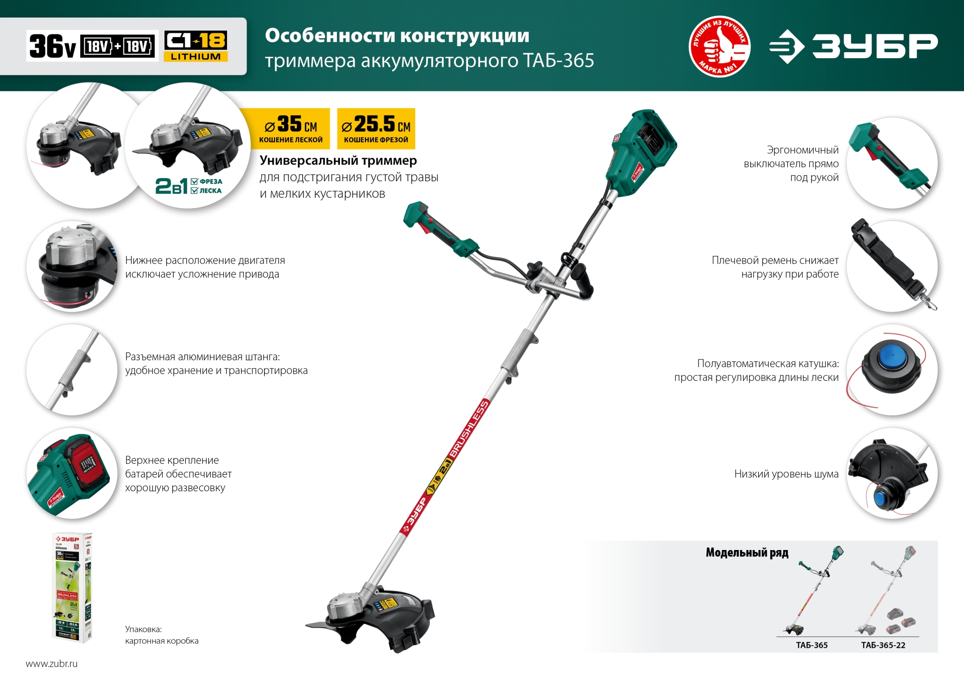 ЗУБР С1-18, 36 В, 35/25.5 см, без АКБ, бесщеточный триммер (ТАБ-365) — фото 18