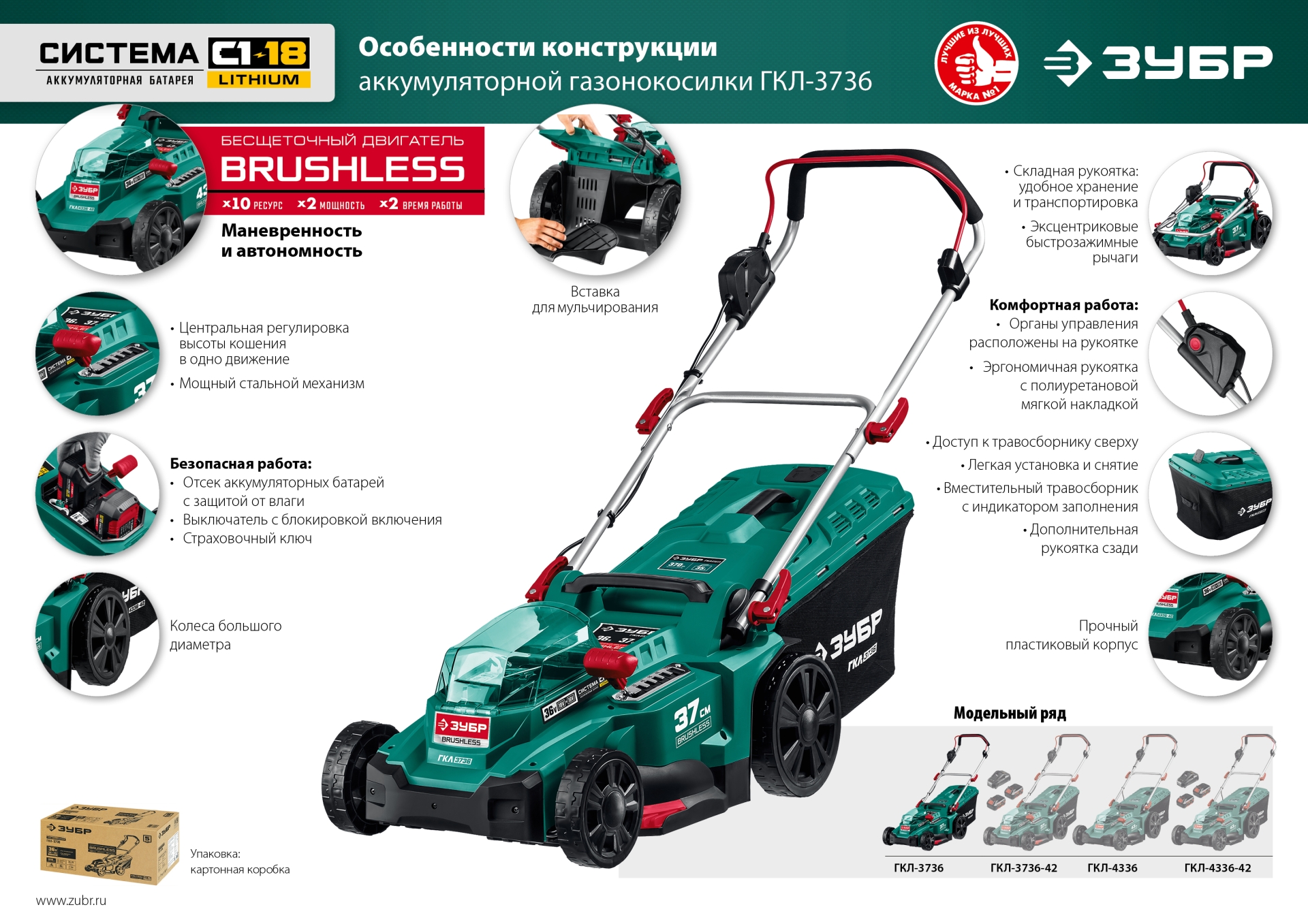 ЗУБР С1-18, 36 В, 37 см, без АКБ, бесщеточная газонокосилка (ГКЛ-3736) — фото 21