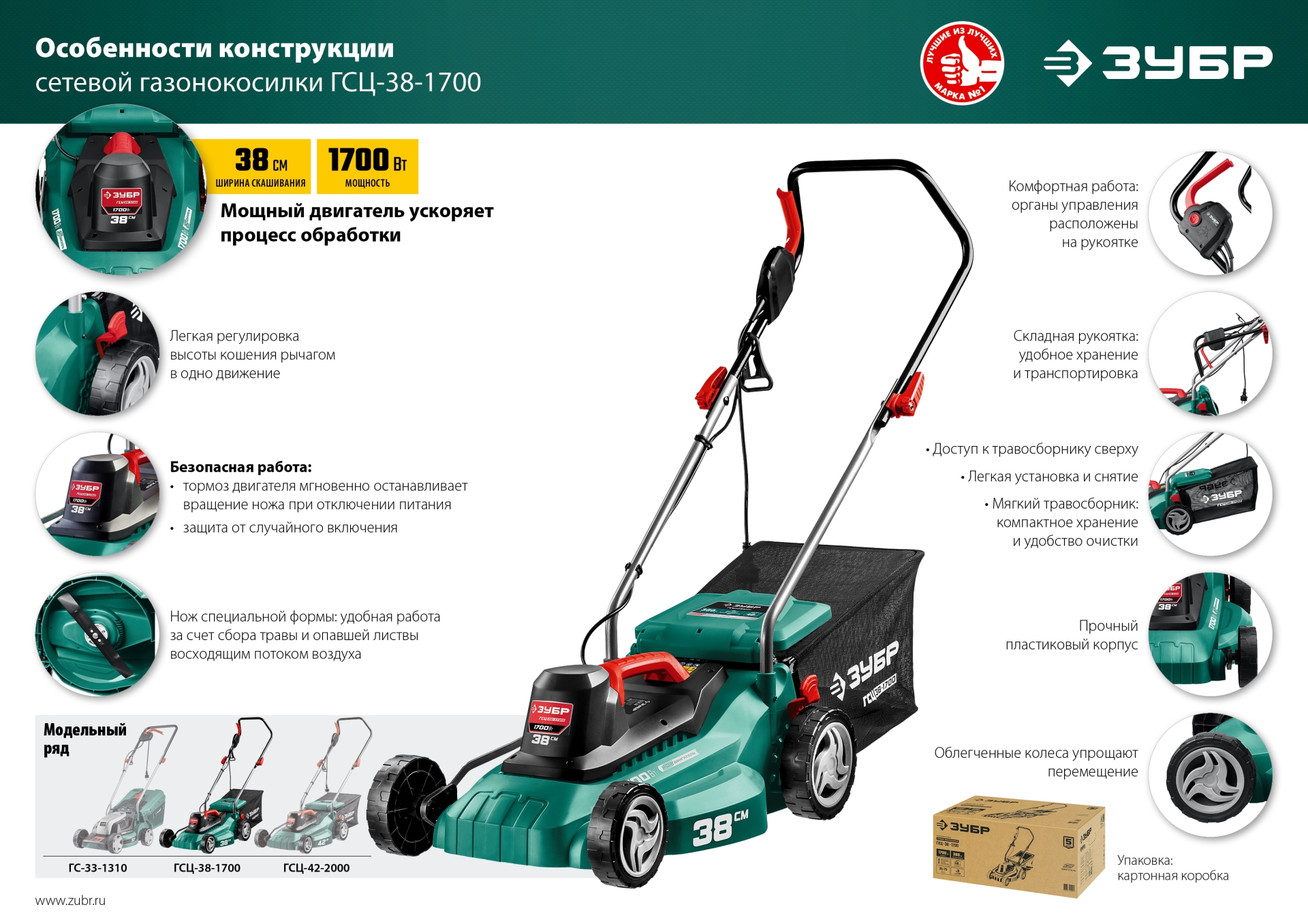 ЗУБР 1700 Вт, ш/с 38 см, сетевая газонокосилка (ГСЦ-38-1700) — фото 21