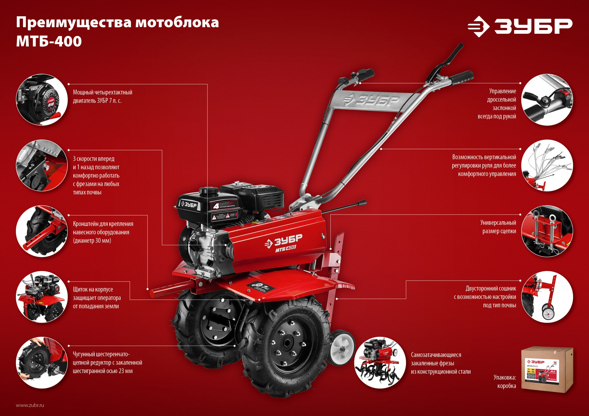 ЗУБР 7 л.с., мотоблок с понижающей передачей (МТБ-400) — фото 26