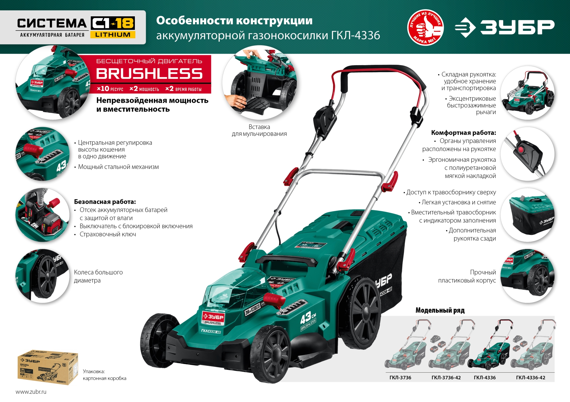 ЗУБР С1-18, 36 В, 43 см, без АКБ, бесщеточная газонокосилка (ГКЛ-4336) — фото 21