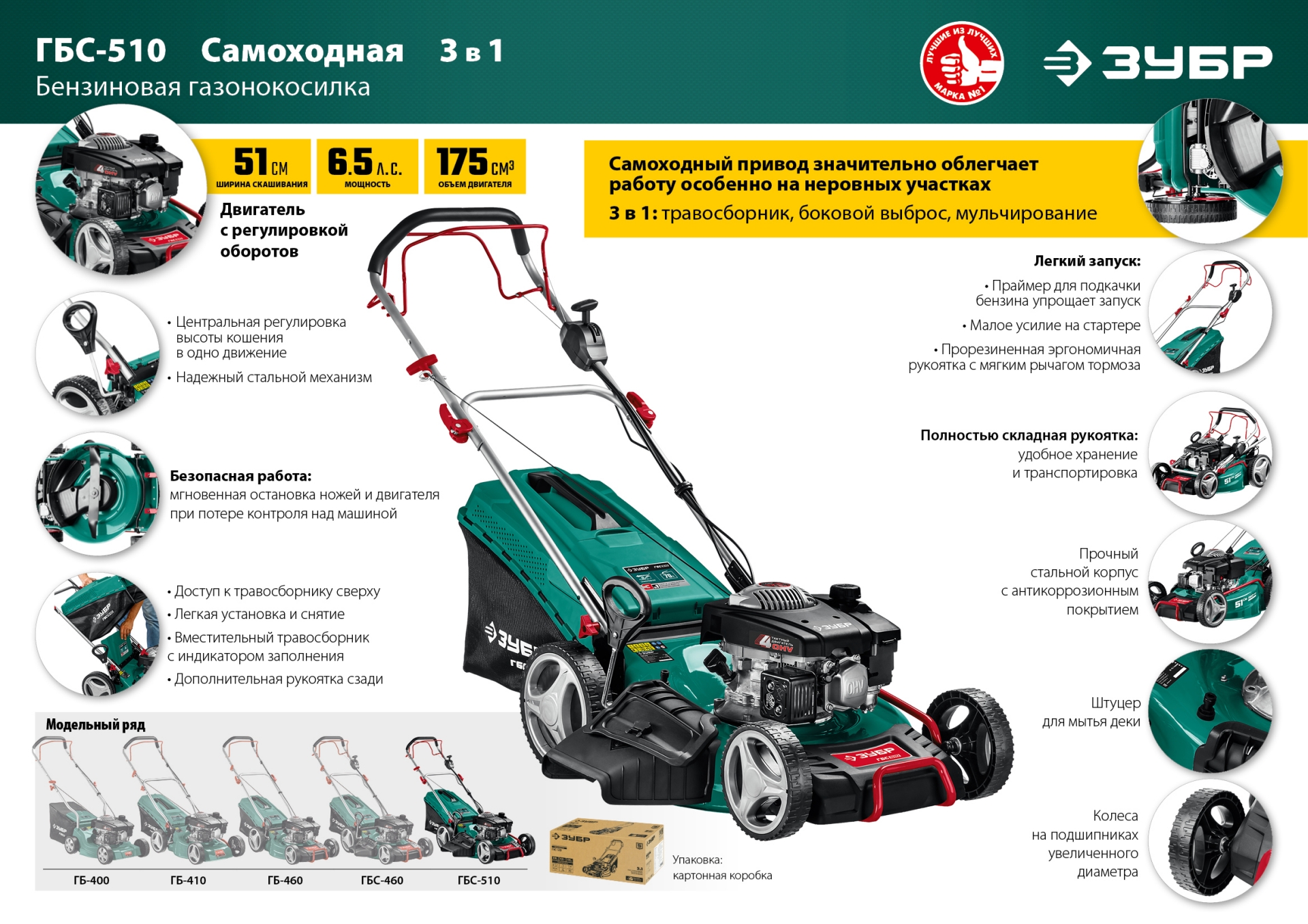 ЗУБР 510 мм, 6.5 л.с., бензиновая самоходная газонокосилка (ГБС-510) — фото 24