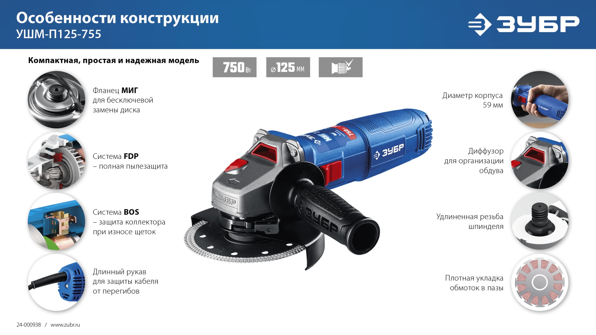 ЗУБР Компакт, 750 Вт, d125 мм, УШМ, фланец ″МИГ″, Профессионал (УШМ-П125-755) — фото 16