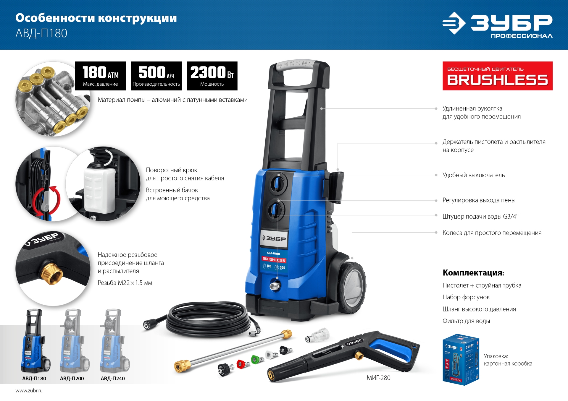 ЗУБР 180 Атм, 2300 Вт, мойка высокого давления, пистолет МИГ-280, Профессионал (АВД-П180) — фото 17