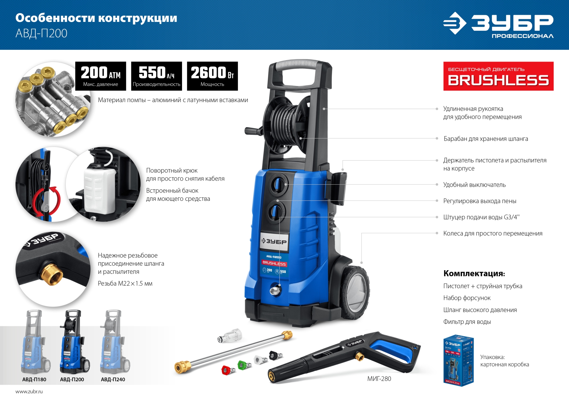 ЗУБР 200 Атм, 2600 Вт, мойка высокого давления, пистолет МИГ-280, Профессионал (АВД-П200) — фото 19