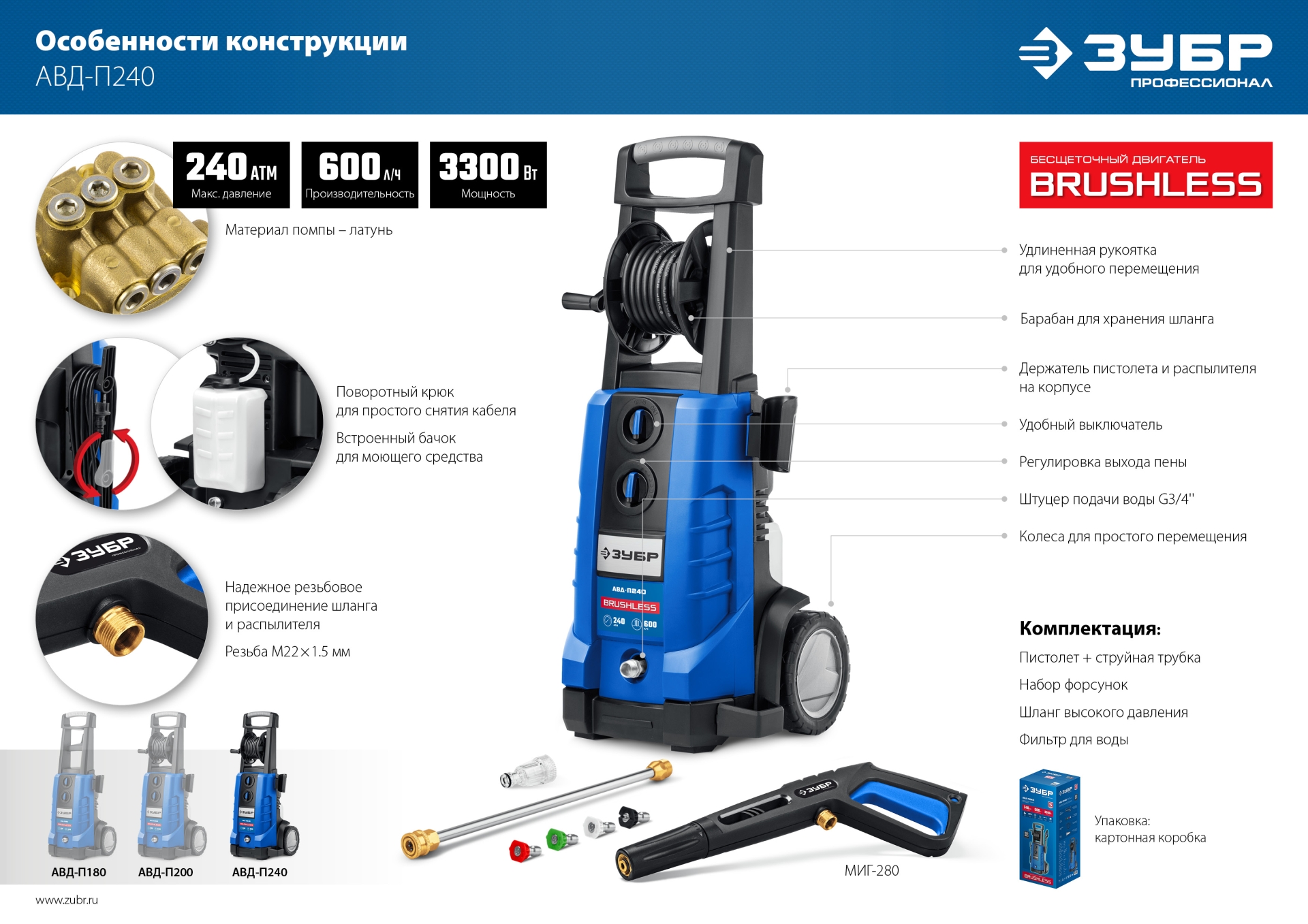 ЗУБР 240 Атм, 3300 Вт, мойка высокого давления, пистолет МИГ-280, Профессионал (АВД-П240) — фото 19