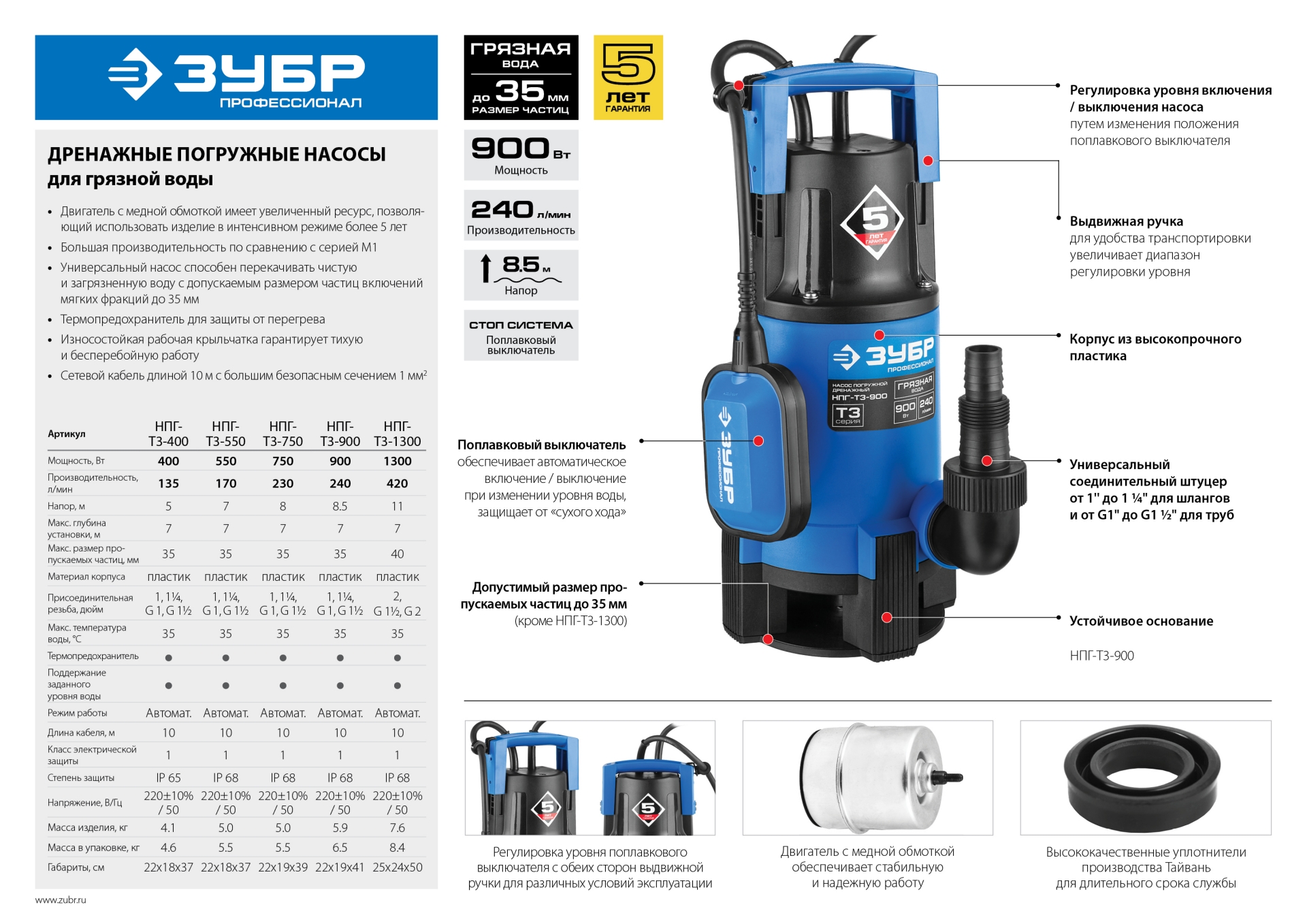 ЗУБР 550 Вт, дренажный насос для грязной воды, Профессионал (НПГ-Т3-550) — фото 14