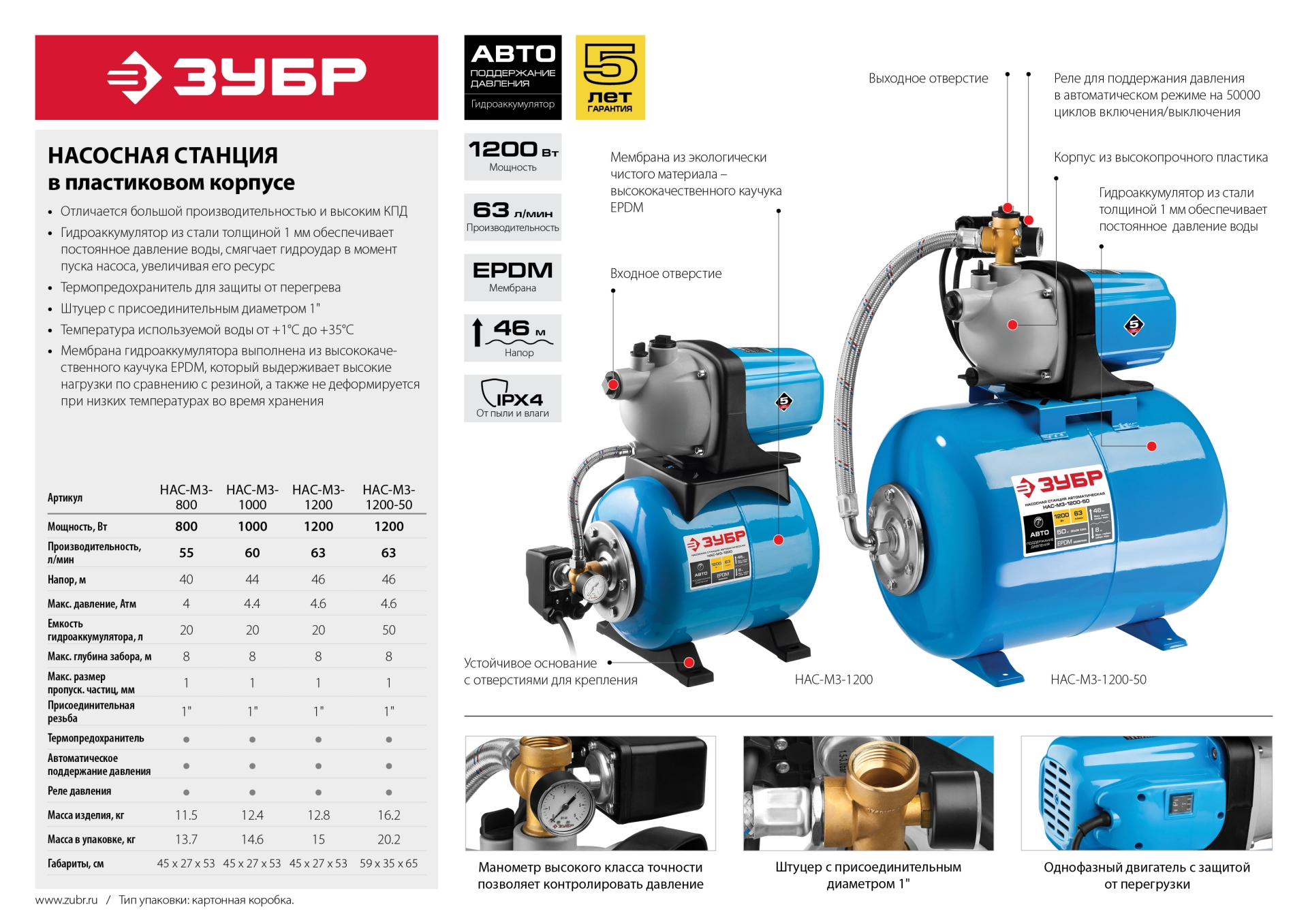 ЗУБР 800 Вт, бак 20 л, автоматическая насосная станция (НАС-М3-800) — фото 13