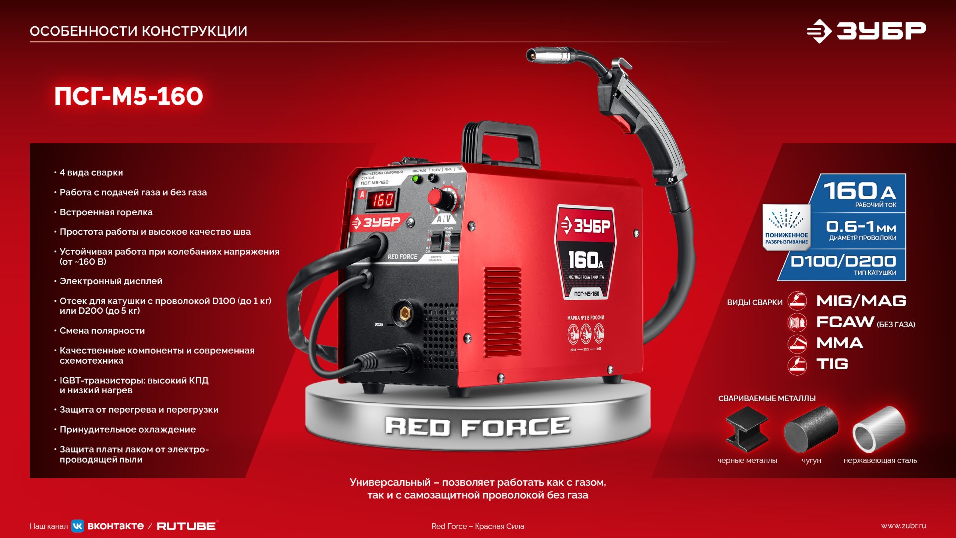 ЗУБР RED FORCE, MIG / MAG, FCAW, MMA, TIG, 160 А, полуавтомат сварочный, с газом / без газа, горелка ПСГ-180 (ПСГ-М5-160) — фото 20
