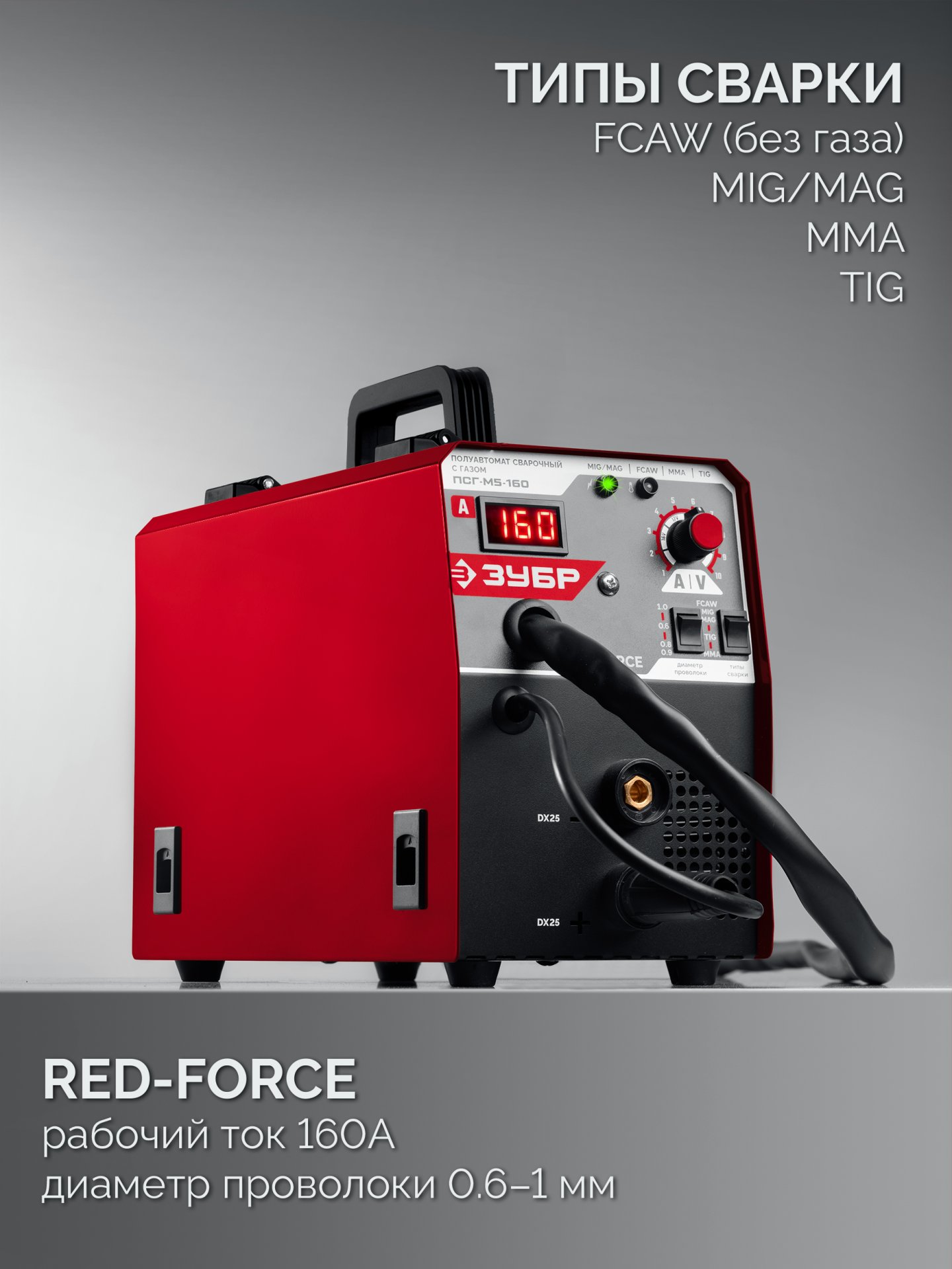 ЗУБР RED FORCE, MIG / MAG, FCAW, MMA, TIG, 160 А, полуавтомат сварочный, с газом / без газа, горелка ПСГ-180 (ПСГ-М5-160) — фото 5
